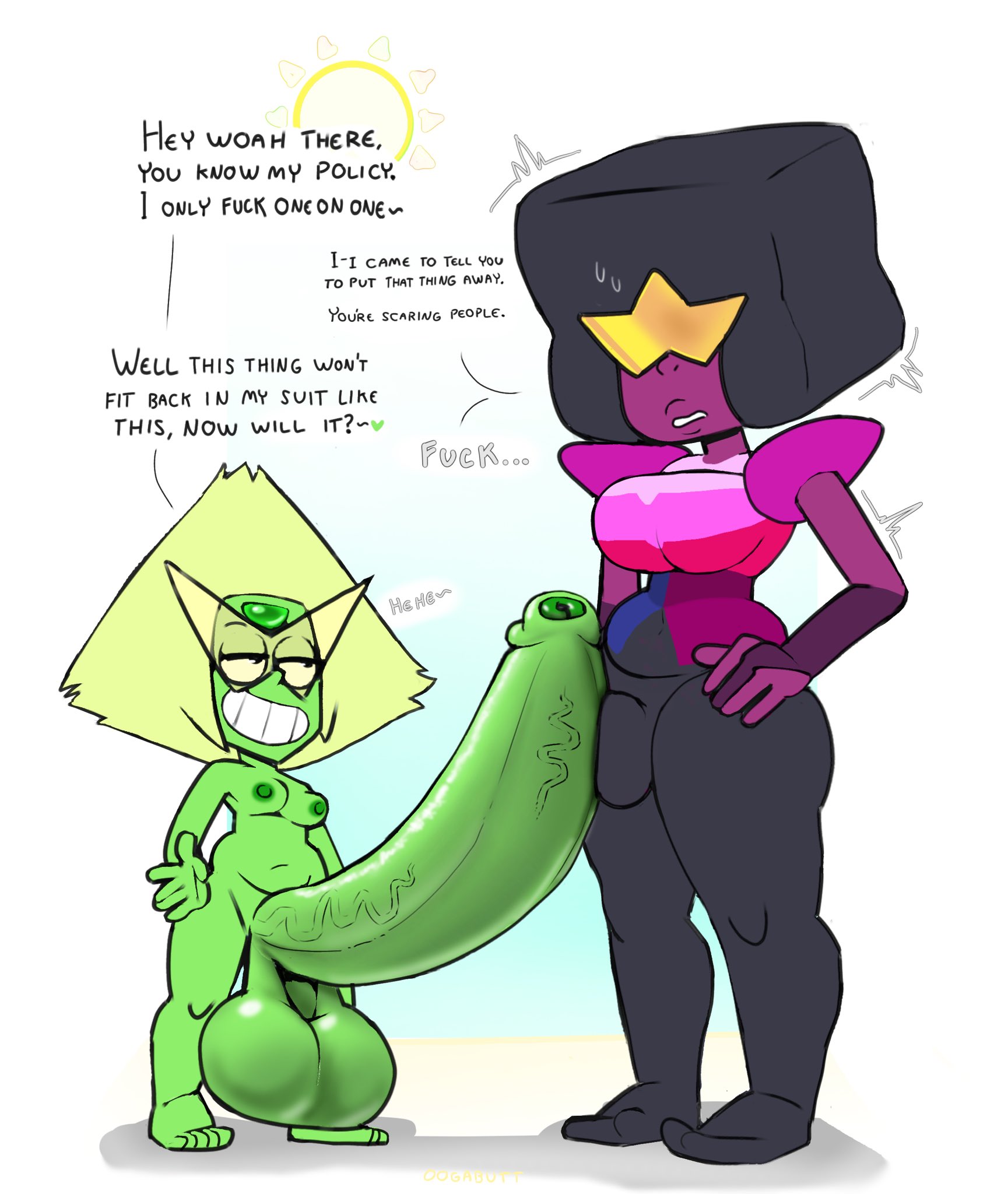 bulge, bulge through clothing, erect penis, erection, futa only, futanari, garnet (steven universe), hyper, hyper penis, oogabutt, peridot (steven universe), pressed against, shortstack, steven universe, tagme