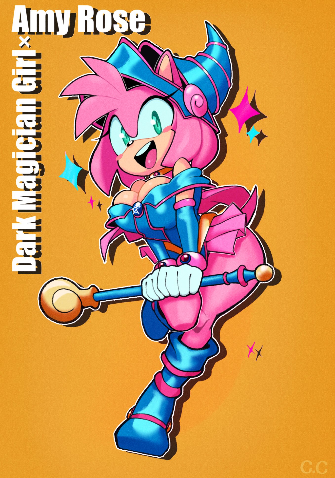 2d, 2d (artwork), 2d artwork, amy rose, arms squishing breasts, big ass, big breasts, big butt, big hips, big thighs, black magician girl, black magician girl (cosplay), blush, boots, bubble ass, bubble butt, busty, busty female, champchidi, cleavage, cleavage overflow, dark magician girl, dark magician girl (cosplay), eyelashes, green eyes, happy, hat, miniskirt, open smile, pink fur, pink hair, round ass, round breasts, round butt, scepter, sega, sonic (series), sonic the hedgehog (series), thick ass, thick butt, thick thighs, thin waist, tight clothing, voluptuous, wide hips, wide thighs, yu-gi-oh!