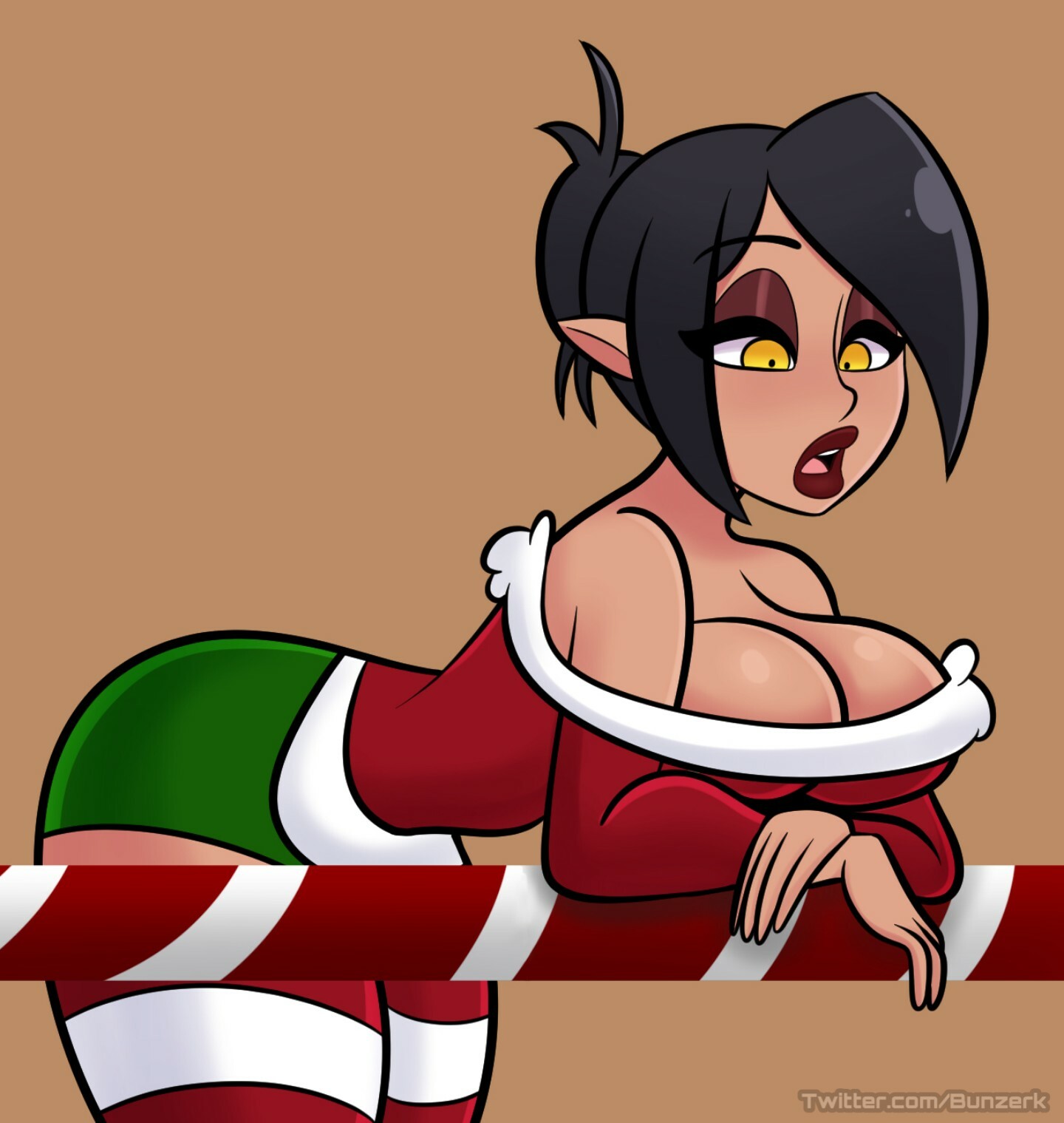 bending over, big breasts, breast press, breasts, bunzerk, christmas, christmas outfit, cleavage, dark elf, dark skin, dark-skinned female, female, huge breasts