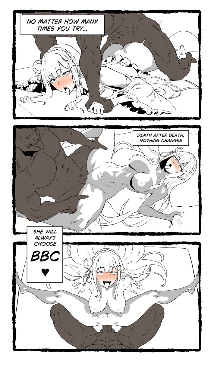 1boy, 1girls, 2026, 2d, 3koma, ahe gao, ahegao, artist request, bed, bed sheet, bedroom, bedroom setting, bedroom sex, big penis, blush, blushing female, breasts, choice, clutching sheets, cross-eyed, dark skin, dark-skinned male, death loop, defeated, defeated hero, defeated with sex, domination caption, elf, emilia (re:zero), fantasy, female, femsub, generic dark-skinned-muscular male, half-elf, holding legs, holding legs open, human, human dominating, human dominating humanoid, humanoid, light-skinned female, long hair, long-haired female, male, maledom, medium breasts, missionary, missionary position, missionary sex, multiple positions, netorare, ntr, pinned, pinned down, pointy ears, prone bone, prone bone position, re:zero kara hajimeru isekai seikatsu, sex, simple coloring, thighs, tongue, tongue out, utter domination, white background, white theme, white-haired female