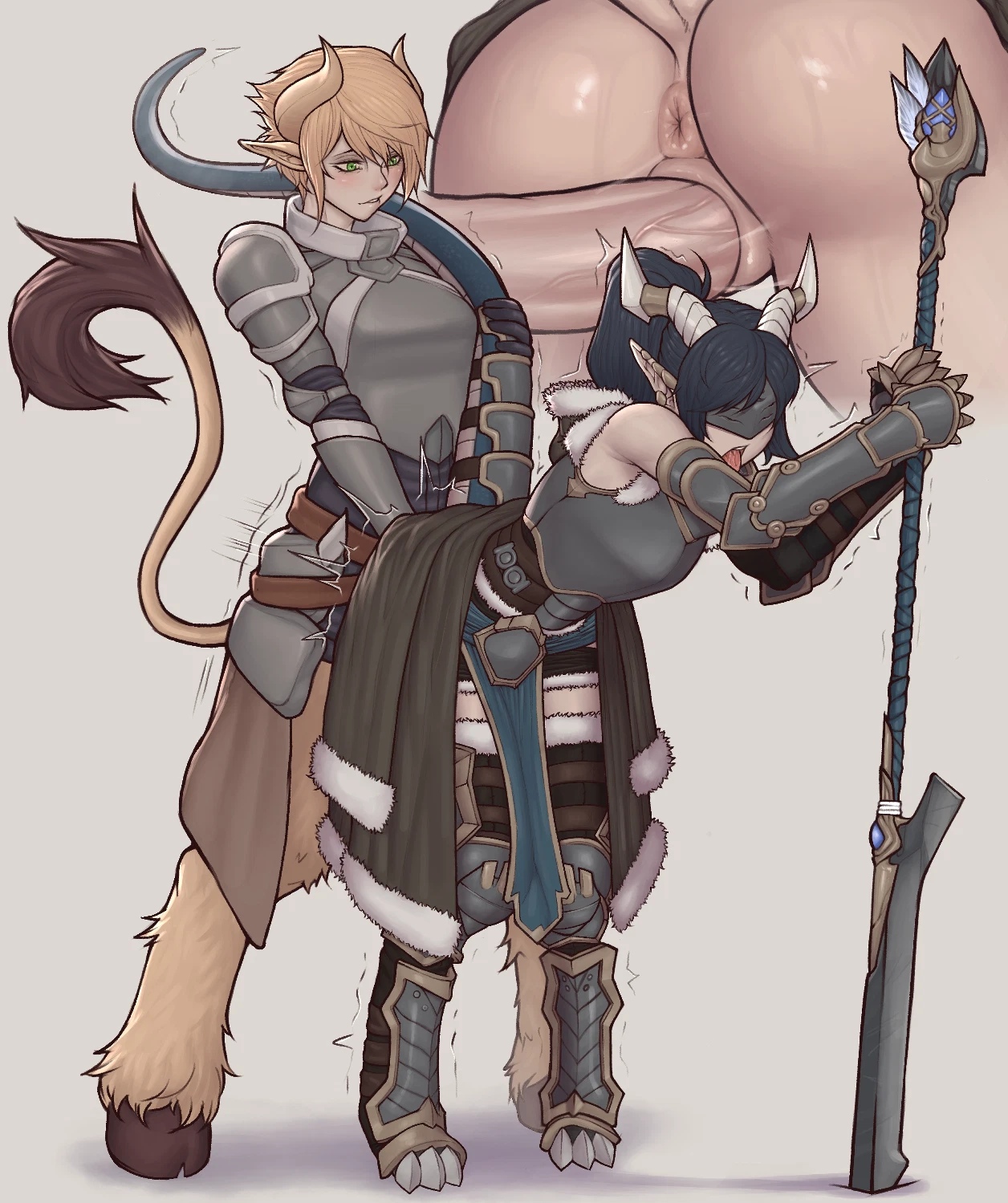 1futa, 1girls, 2020, asura (artist), bent over, black hair, cow horns, dragon tail, female, fucked from behind, futa on female, futanari, green eyes, hooves, horns, inset, leg fur, medium breasts, original, pauldrons, planted sword, pointy ears, sword, tail, tail tuft, uncensored, visor
