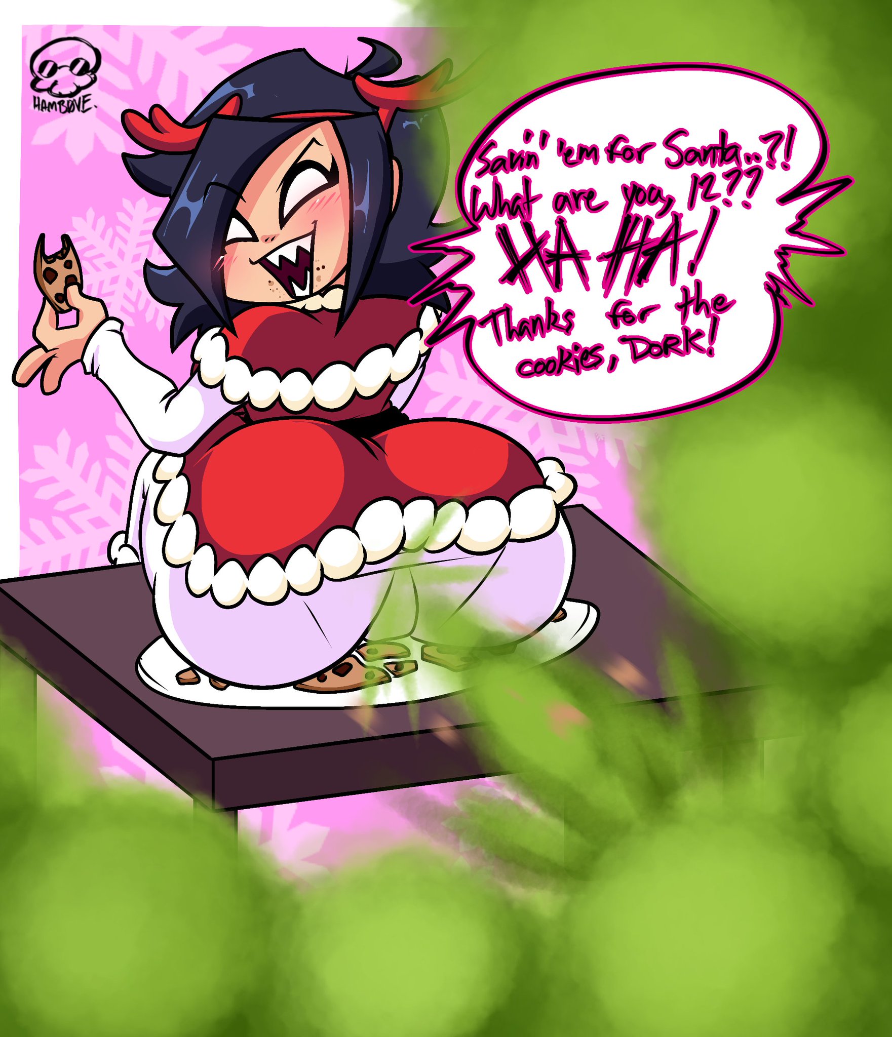 christmas, christmas outfit, cookie, fart, fart fetish, farting on food, hamb0ne, nene (newgrounds), onomatopoeia