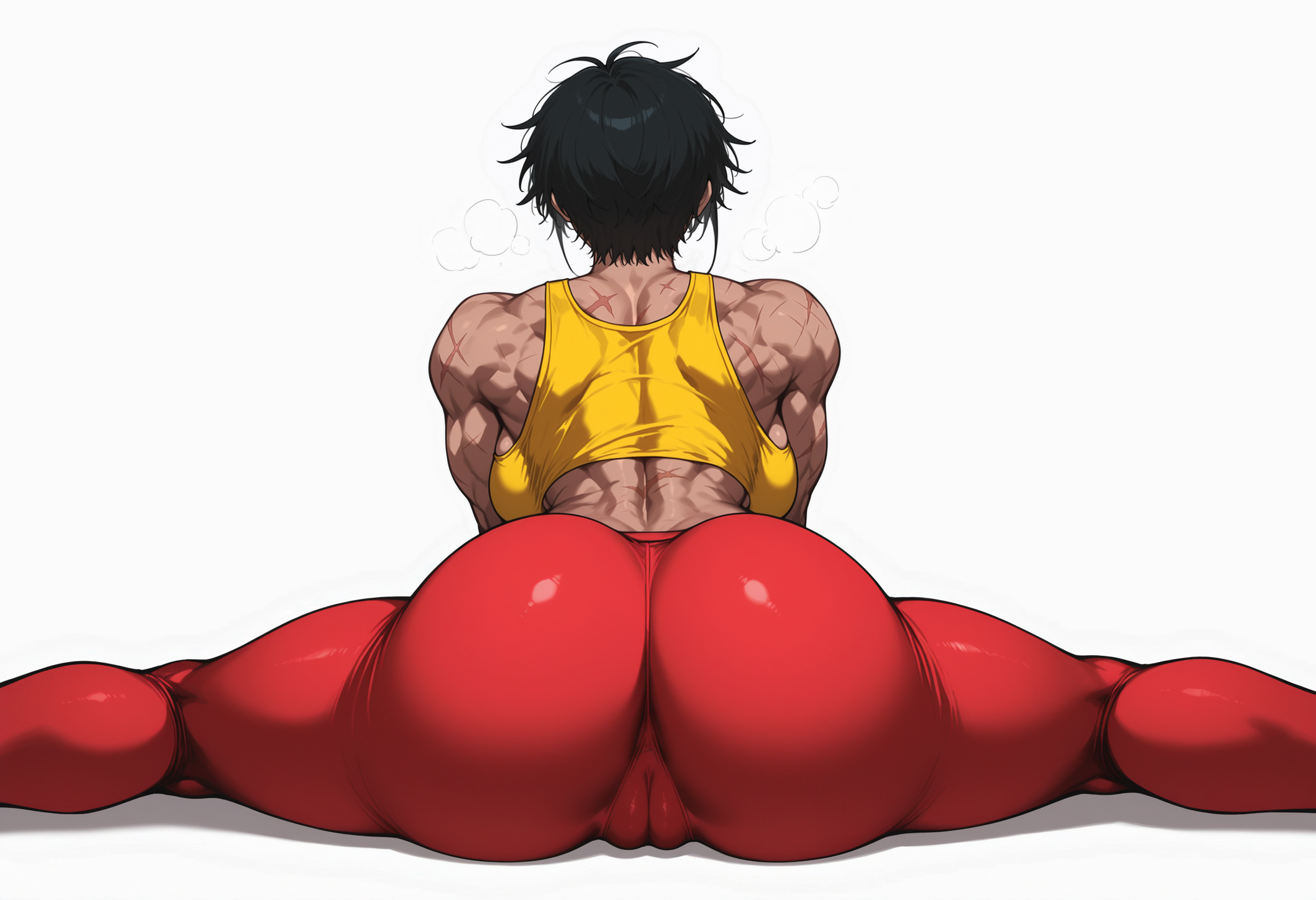 1girls, ai, ai art, ai generated, ai-created, ass, ass focus, bare shoulders, big ass, black hair, breasts, cameltoe, cropped top, curvy, curvy body, curvy female, curvy figure, dark skin, dark-skinned female, deviantart link, drop shadow, exercise, exercise clothing, fat pussy, female, female focus, female only, heavy breathing, hips, huge ass, large breasts, latina, latina female, latina milf, leggings, mature female, milf, muscular, muscular female, pixie cut, red leggings, scar on arm, scar on arms, scar on back, scars on arm, scars on arms, scars on back, shadow, short hair, sideboob, sidelocks, simple background, solo, solo female, sportswear, spread legs, stretching, tank top, tanktop, thick thighs, thighs, thin waist, tomboy, tomboy milf, tomboyish, uersor, valery (uersor), white hair, wide hips, yellow tank top, yellow top