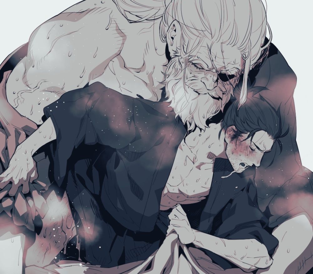 2boys, 3m 0l, anal, anal sex, beard, big dom small sub, cum, drooling, fromsoftware, gay, great shinobi owl, male, male only, male/male, norasame (dagako), older, sekiro, sekiro: shadows die twice, sex, size difference, smaller male, sweat, yaoi