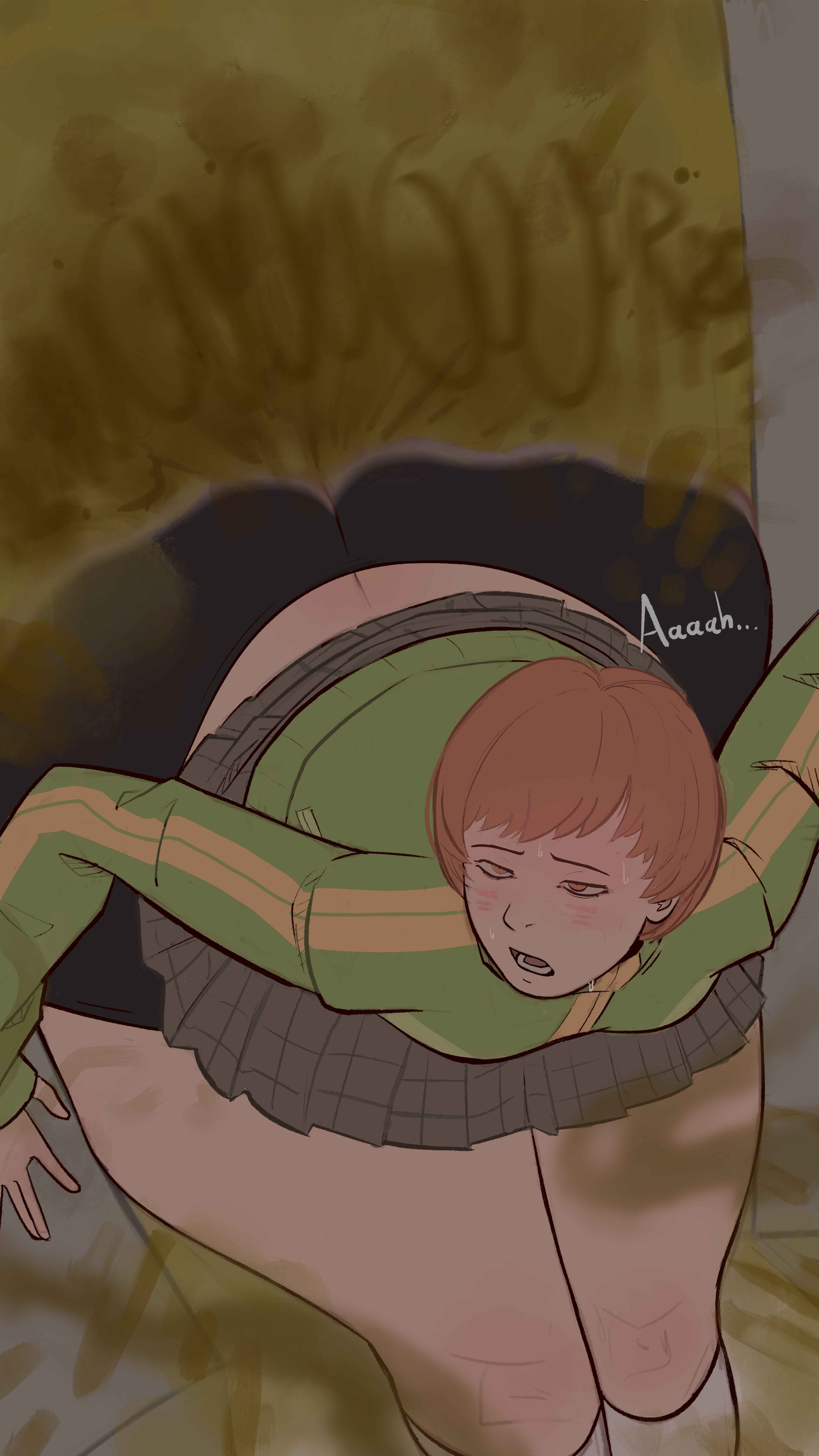 1boy, 1girls, ass, atlus, auburn eyes, auburn hair, bent over, big ass, big butt, bloated, blush, booty shorts, breasts, bubble ass, bubble butt, dialogue, fart, fart cloud, fart fetish, fat ass, female, flushed, flushed face, gassy, gassy female, gurgling, gym shorts, hips wider than shoulders, imminent fart, juanesafm (artist), light brown hair, male, narukami yu, persona, persona 4, satonaka chie, short hair, short shorts, short skirt, shorts, skirt, stinky, stomach growling, stomach gurgle, stomach noises, teasing, thick, thick ass, thick thighs, thighs, thunder thighs, thunderthighs, tomboy, upset stomach, wide hips, wide thighs