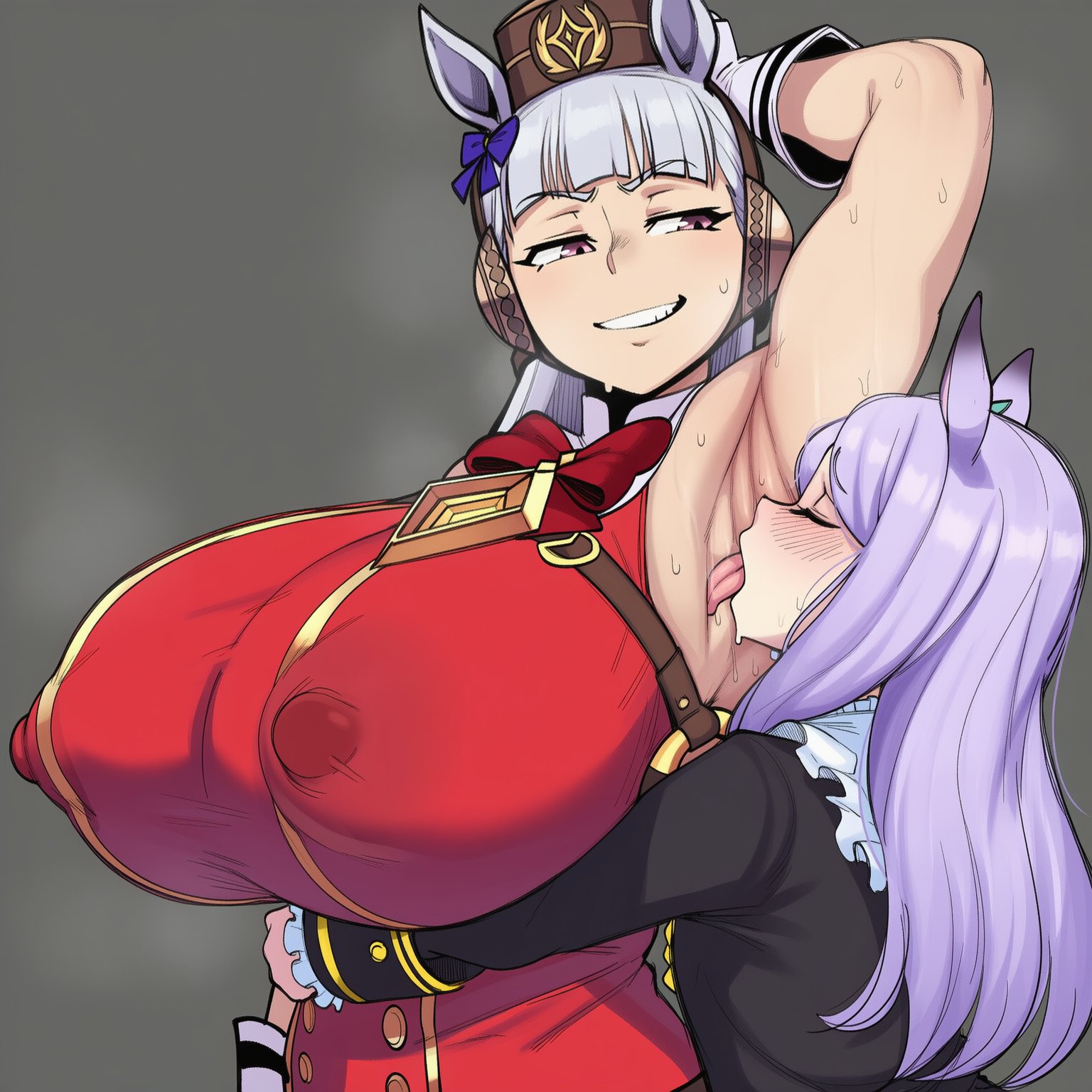 2d, 2girls, ai generated, animal ears, arm behind head, arm up, armpit fetish, armpits, bakushin o armpit gif (meme), big breasts, blunt bangs, blush, bow, bowtie, breasts, closed eyes, covered nipples, dress, ear bow, erect nipples, erect nipples under clothes, female, female only, gigigens, gloves, gold ship (umamusume), grey background, grey hair, grin, height difference, horse ears, horse girl, hug, huge breasts, huge nipples, large breasts, large nipples, licking, licking armpit, long hair, mejiro mcqueen (umamusume), meme, multiple girls, naughty face, nipple bulge, nipples, nipples visible through clothing, pillbox hat, puffy nipples, purple eyes, purple hair, red dress, simple background, size difference, sleeveless, sleeveless dress, smile, steam, steaming body, sweat, teeth, tongue, tongue out, umamusume, umamusume pretty derby, upper body, white gloves, yuri
