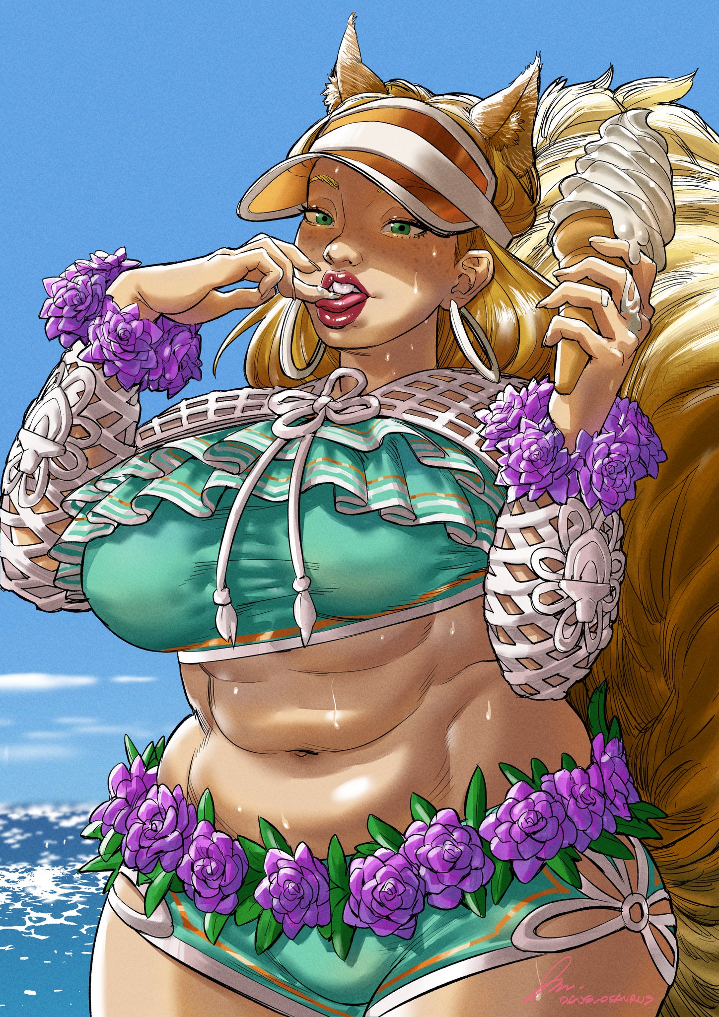 2d, abs, big breasts, breasts, chubby, chubby female, dauslosaurus, doreen green, female, female only, fully clothed, huge breasts, ice cream, ice cream cone, large breasts, marvel, marvel rivals, midriff, solo, solo female, squirrel ears, squirrel girl (marvel rivals), squirrel girl (marvel), squirrel girl (sunshine squirrel), squirrel tail, tail, thick, thick thighs, tongue, wide hips