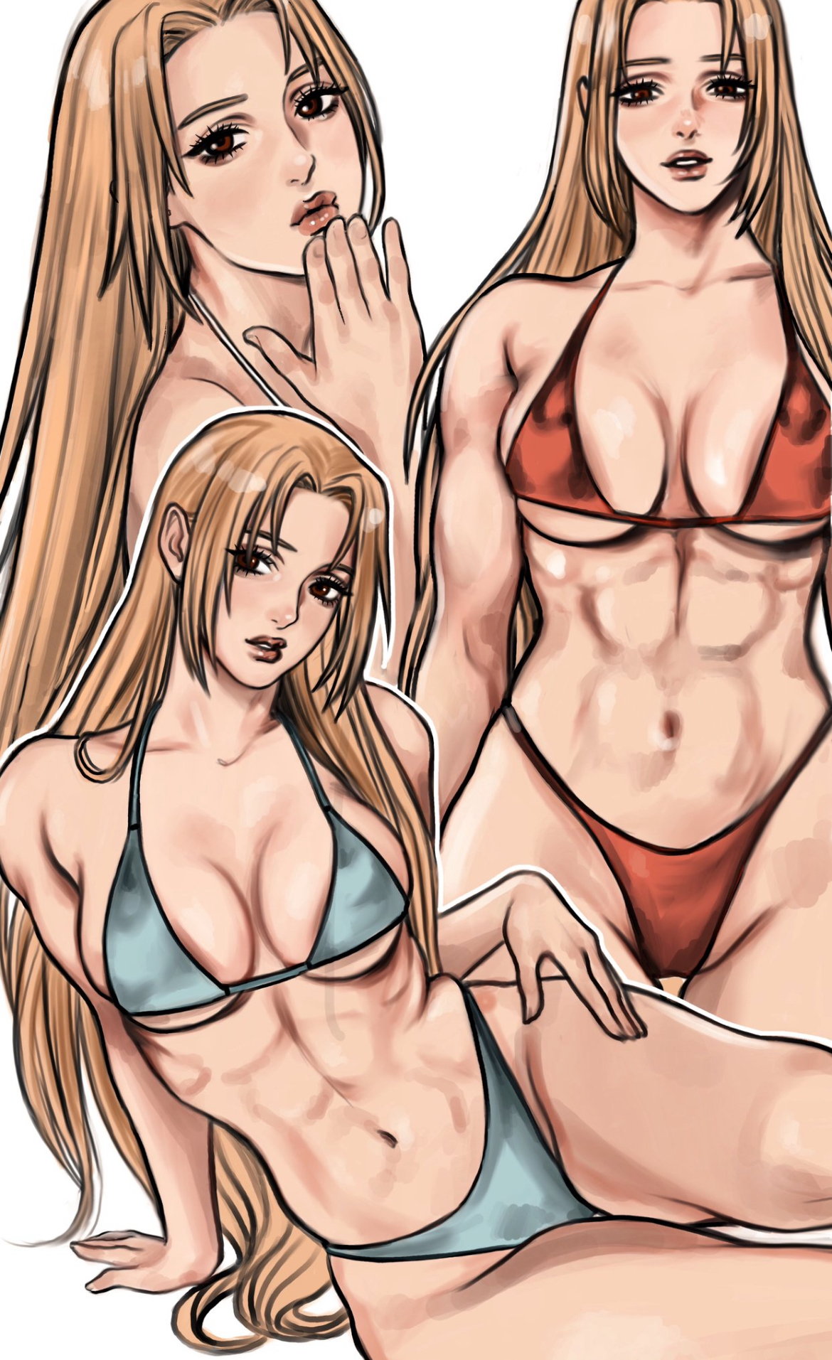 1girls, abs, blonde hair, blowing kiss, breasts, brown eyes, clothing, female, fit female, hand on hip, imeko san, jujutsu kaisen, legs together, long hair, love peak, love yuki, medium breasts, muscular female, smile, thick thighs, wide hips, yuki tsukumo
