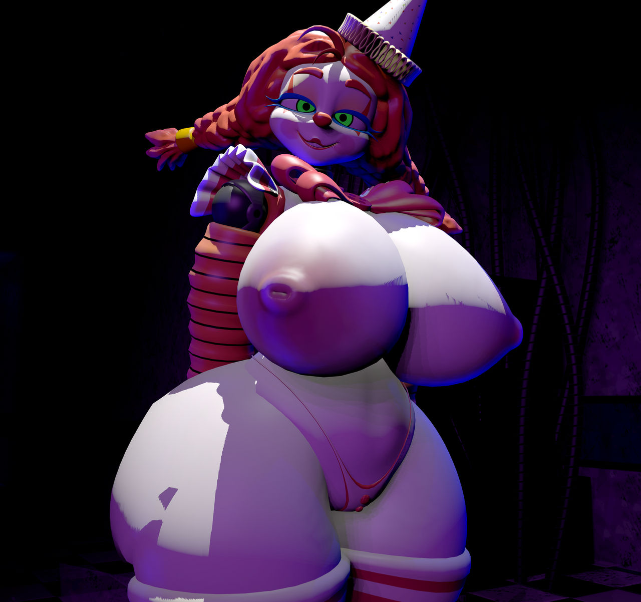 1girls, 3d, animatronic, big breasts, clown, clown girl, five nights at freddy's, five nights at freddy's: secret of the mimic, garry's mod, hat, jackie (fnaf), mishuyuu (modeler), red hair, robot, robot girl, solo, source filmmaker, thick thighs, twin braids, twintails, wide hips