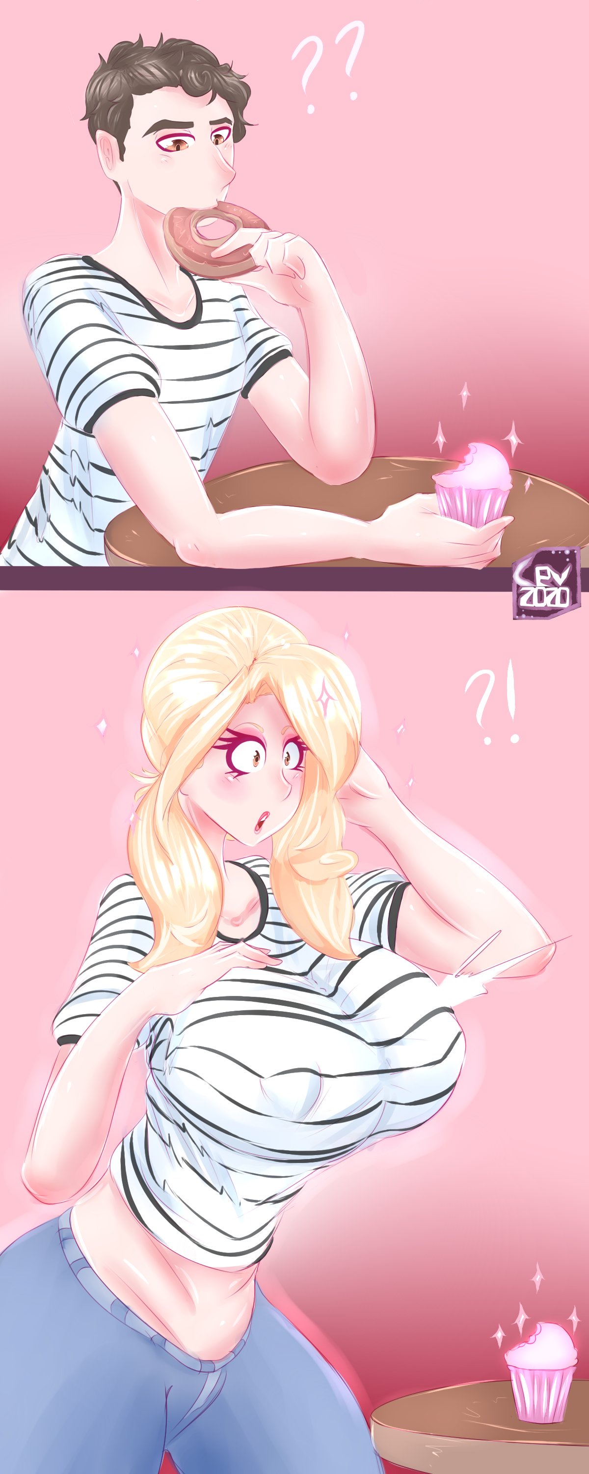 !, ?, ?!, ??, 2020, big breasts, bimbo, bimbofication, blonde hair, breast expansion, breast growth, breast growth (enlargement), breasts, brown eyes, brown hair, cev, clothed, clothing, cupcake, digital media (artwork), donut, eating, erect nipples, female, food, gender transformation, genderswap, hair, hourglass figure, huge breasts, human, jeans, light skin, light-skinned female, long hair, makeup, male, nipples, nipples visible through clothing, rule 63, sequence, shirt, shocked, short hair, sparkle, sparkles, striped, striped shirt, stripes, transformation