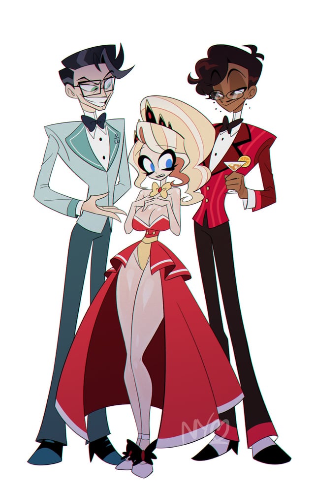 1girls, 2boys, alastor (hazbin hotel), big breasts, blonde female, blonde hair, blue eyes, bowtie, charlie morningstar (hazbin hotel), cleavage, clothed, dress, exposed thighs, female, glasses, hazbin hotel, hellaverse, human alastor (hazbin hotel), human vox (hazbin hotel), long hair, male, no bra, no underwear, ‪nyochandesuyo, nyochandesuyo (artist), revealing clothes, simple background, smug, smug face, smug grin, suit and tie, thighs, trio, vincent whittman (hazbin hotel), vox (hazbin hotel)