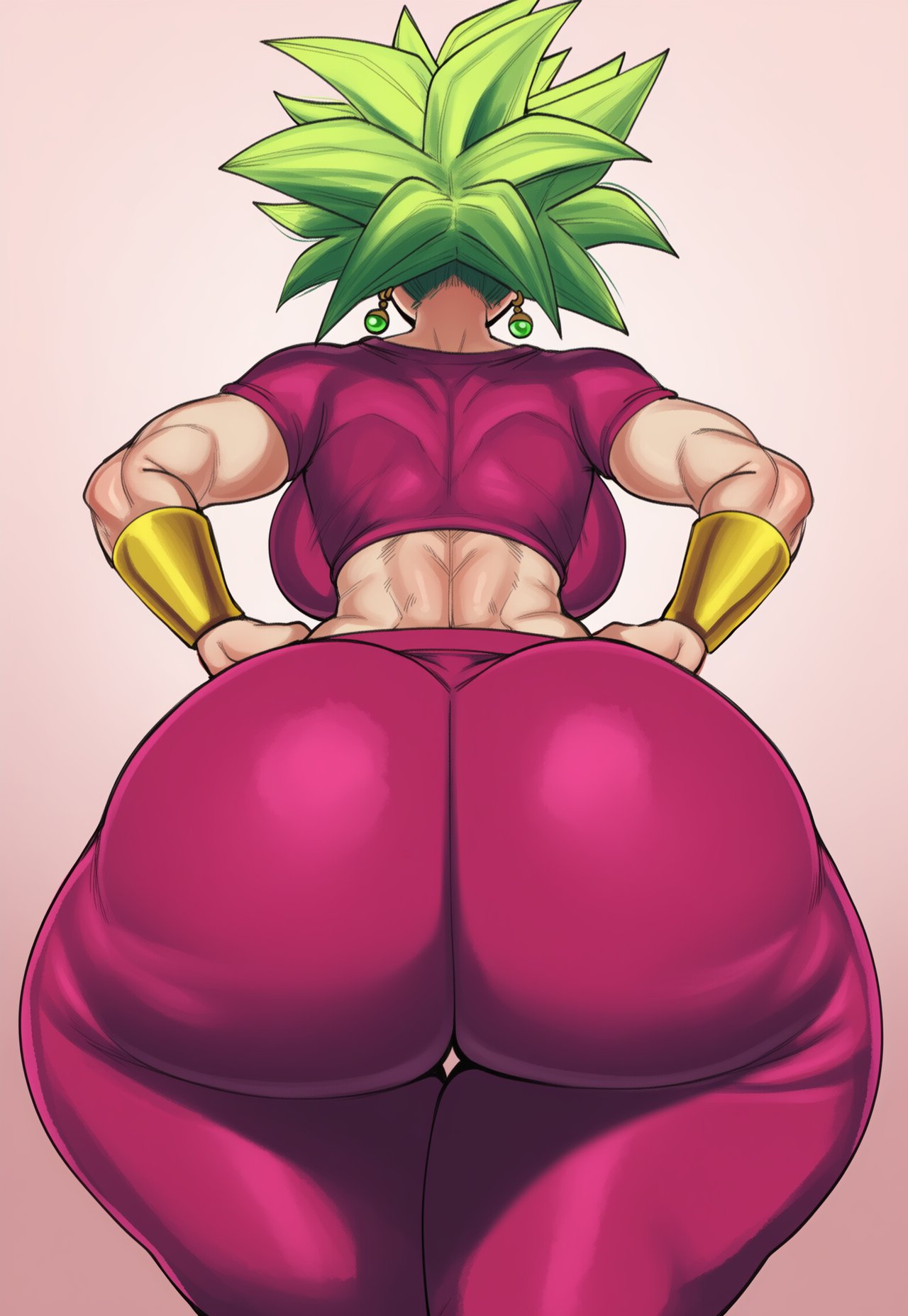 1girls, 2d, ai generated, ass, ass focus, back, backboob, big ass, big breasts, big butt, big thighs, breasts, bubble butt, crop top, dragon ball, dragon ball super, earrings, female, female only, from behind, gigigens, green hair, hands on own hips, huge ass, huge breasts, huge butt, huge thighs, jewelry, kefla, large ass, large breasts, large butt, large thighs, massive ass, massive butt, midriff, muscles, muscular, muscular female, pants, pink background, potara earrings, purple pants, simple background, solo, solo female, spiked hair, super saiyan, thick ass, thick butt, thick thighs, thighs, wide hips