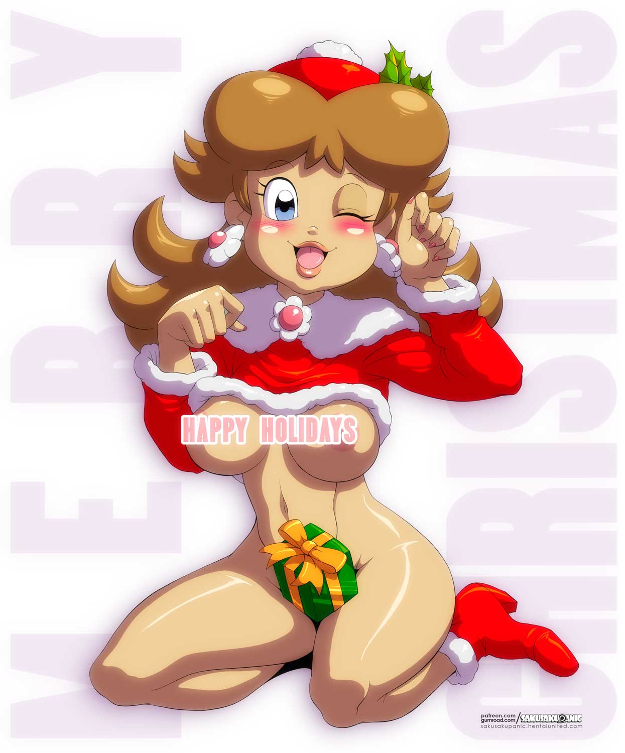 1girls areolae artist_name blue_eyes blush boots breasts brown_hair censored christmas christmas_outfit christmas_present convenient_censoring eyebrows eyelashes hair lipstick looking_at_viewer mario_(series) mario_kart mario_kart_tour nintendo patreon present princess_daisy sakurakasugano santa_hat solo solo_focus sweater sweater_lift text web_address wink