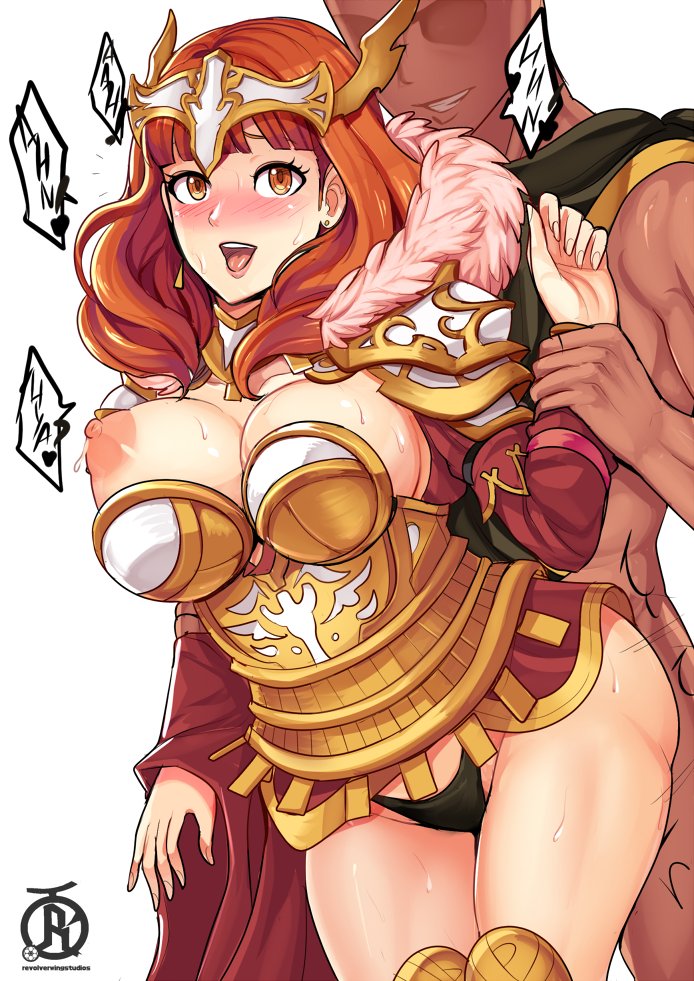 1boy, 1girls, alternate costume, ambiguous penetration, arm grab, armor, armored boots, bangs, bare thighs, blunt bangs, blush, boobplate, boots, breastplate, breasts, celica (fire emblem), cleavage, clothed, collarbone, dark skin, dark-skinned male, earrings, english text, female, fire emblem, fire emblem echoes: shadows of valentia, fur trim, grabbing another's arm, hand up, headwear, large breasts, light skin, light-skinned female, long sleeves, looking back, looking pleasured, male, medium hair, moaning, motion lines, nintendo, nipples, official alternate costume, one breast out, open mouth, orange eyes, orange hair, panties, revolverwingstudios, royalty, sex from behind, sideboob, smile, standing, standing sex, sweat, sweaty, text, thick thighs, thighs, trembling, underwear, variant set, white background, wide sleeves