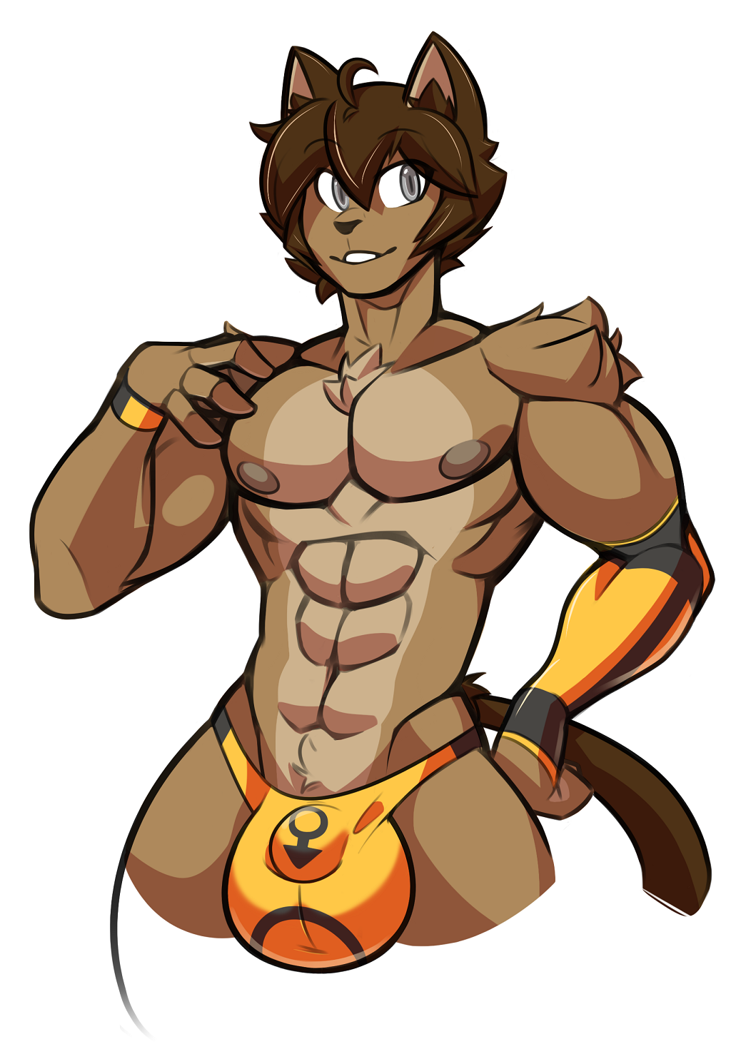 1boy abs balls bara big_balls big_balls_small_penis big_nipples big_testicles brown_hair bulge cat_ears feline highres male_focus muscle muscles muscular muscular_male nipples pecs penis rokiloki short_hair simple_background small_penis smile solo tail testicles underwear