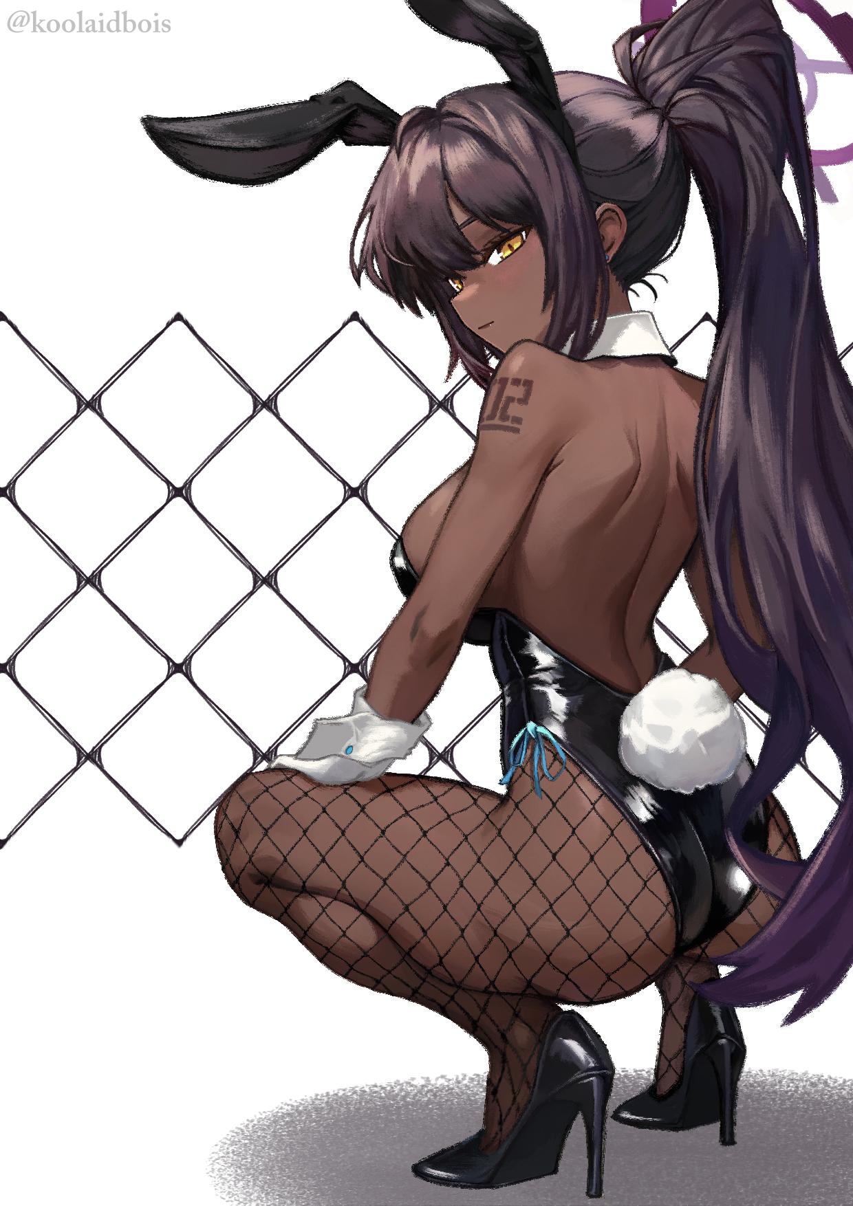 1girls, 2d, 2d (artwork), 2d artwork, absurdly long hair, ass, ass cleavage, ass crack, back, big breasts, black bunny ears, black bunnysuit, black footwear, black hair, black hairband, black high heels, black legwear, black leotard, black pantyhose, black shoes, black topwear, black-haired female, blue archive, breasts, brown skin, brown skinned female, brown-skinned female, bunny ears, bunny tail, bunnygirl, bunnygirl outfit, bunnysuit, busty, busty female, busty girl, busty teen, busty teenager, calves, collar, dark skin, dark skinned, dark skinned female, dark-skin, dark-skinned female, digital, digital art, digital drawing, digital drawing (artwork), digital media, digital media (artwork), drawing, elbows, female, female focus, female only, fingers, fishnet legwear, fishnets, footwear, from behind, full body, gloves, hair between eyes, halo, hand on leg, hand on own leg, hand on own thigh, hand on thigh, hands on legs, hands on own legs, hands on own thighs, hands on thighs, head tilt, high heels, high resolution, highres, inframammary fold, karin (blue archive), karin (bunny) (blue archive), knees, koolaidboi, large breasts, lean figure, legs, legs folded, legwear, leotard, long hair, looking at viewer, looking back, looking back at viewer, median furrow, narrow waist, ponytail, purple halo, shoes, shoulder blades, shoulders, sideboob, sidelocks, simple background, skindentation, slender body, slender waist, slim female, slim waist, solo, squat, squatting, squatting female, thick ass, thick butt, thick thighs, thighs, tilted head, topwear, very long hair, very long hair female, white background, white collar, white gloves, white wrist cuffs, wrist cuffs, yellow eyes, yellow-eyed female