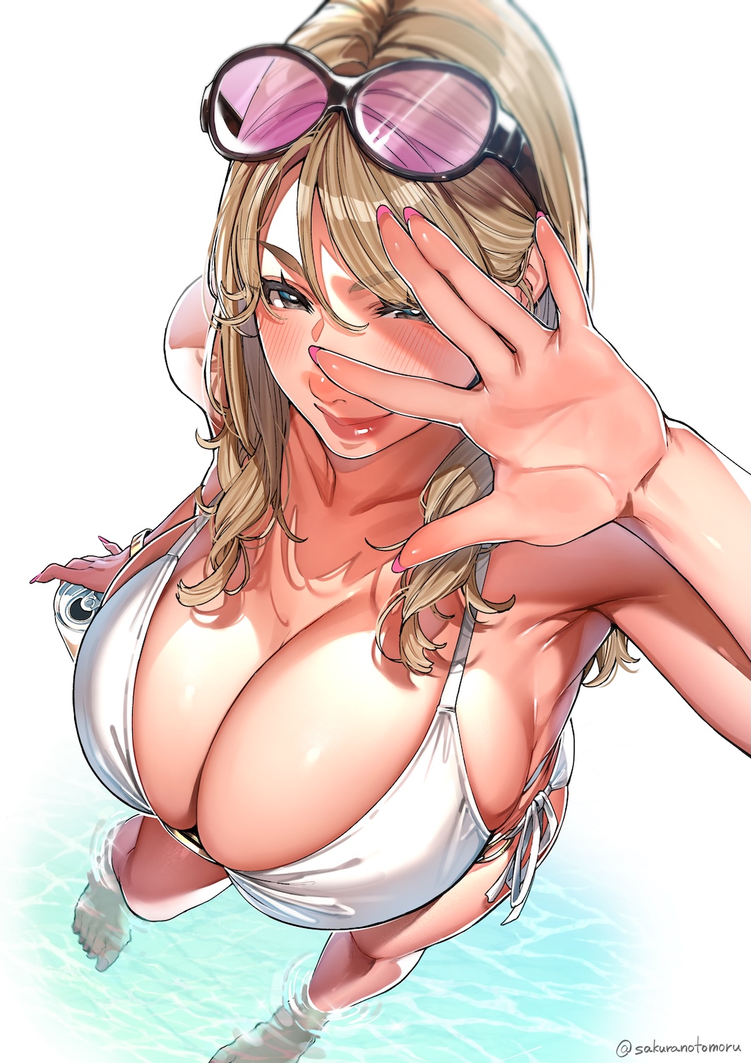 1girls, 2026, anna-san (sakuranotomoruhie), armpits, barefoot, beach, big breasts, bikini, blonde hair, blush, bracelet, breasts, brown eyes, day, daytime, eyewear on head, fair skin, female, female focus, female only, from above, hi res, holding can, jewelry, large breasts, light blush, light skin, light smile, light-skinned female, long hair, long nails, looking at viewer, mature female, milf, original, pink nails, red lips, sakuranotomoruhie, side-tie bikini, sidelocks, smile, solo, sunglasses, sunglasses on head, sunny, swimsuit, wading, water, white background, white bikini