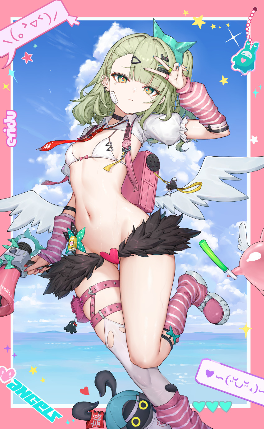 1girls, angels of delusion, arm up, arm warmers, backpack, bag, bandaid, bandaid on cheek, bandaid on face, bangboo (zenless zone zero), belt, belt pouch, bikini, black choker, blue sky, breasts, cameltoe, choker, frown, fur skirt, gluteal fold, green eyes, green hair, hair clip, hair ornament, heart pasties, holding, holding megaphone, hoyoverse, jewelry, kiriko (araragikoyomi), legs up, long hair, looking at viewer, low wings, megaphone, nail polish, navel, necktie, one side up, pasties, pink shoes, pink socks, pouch, randoseru, red necktie, ring, shoes, short necktie, short sleeves, shrug (clothing), single thighhigh, skidentation, sky, small breasts, socks, solo, stomach, string bikini, striped clothes, striped socks, sunna (zenless zone zero), swimsuit, tearing up, thigh belt, thigh gap, thigh strap, thighhighs, thighs, white bikini, white shrug, white thighhighs, wing collar, wings, zenless zone zero