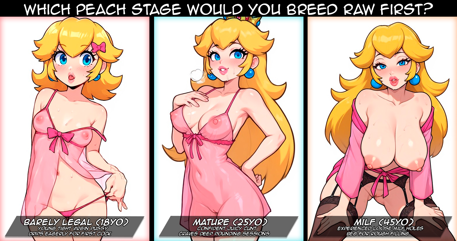 1girls, 2d, aged down, aged up, ai assisted, ai generated, big ass, big breasts, blonde hair, blue eyes, caption, choice, choose your own adventure, crown, earrings, garter belt, garter straps, large breasts, long hair, mario (series), milf, nipples, panties, petite, petite body, petite female, plump lips, princess peach, pussy, robe, seductive, see-through, see-through clothes, see-through clothing, short hair, simple background, slim waist, small ass, small breasts, solo, solo female, solo focus, super mario bros., tongue, translucent, ultimate waifu project, wide hips