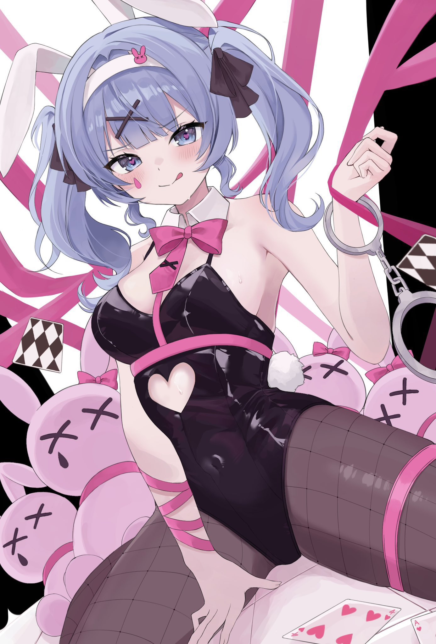 :q, 1girl, animal ears, artist request, bangs, bare shoulders, black leotard, blue eyes, blue hair, blush, bow, bowtie, breasts, brown pantyhose, bunny costume, bunny ears, bunny girl, bunny plush, bunny suit, bunny tail, bunnygirl, bunnysuit, card, cleavage, clothing cutout, covered navel, cuffs, detached collar, eyes, fake animal ears, fishnet pantyhose, fishnets, hair ornament, hair ribbon, hairband, handcuffs, hatsune miku, heart, heart cutout, heart-shaped pupils, leotard, long hair, looking at viewer, medium breasts, pantyhose, pink bow, pink ribbon, playboy bunny, playing card, plushie, rabbit ears, rabbit hole (vocaloid), rabbit tail, ribbon, ribbon bondage, ribbons, ruru6161, sitting, smile, smiling, smiling at viewer, solo, strapless leotard, stuffed animal, stuffed bunny, stuffed toy, symbol-shaped pupils, tail, tongue, tongue out, twintails, virtual youtuber, vocaloid, white skin, x hair ornament