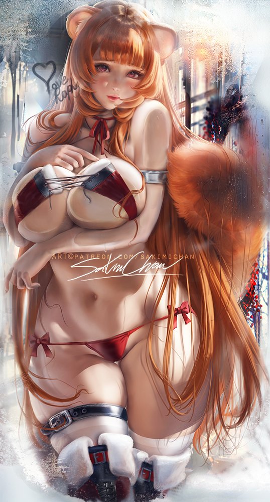 belly, bikini, breasts, female, large breasts, long hair, looking at viewer, raphtalia, sakimichan, small ears, tagme, tail, tanuki, tate no yuusha no nariagari, watermark, wide hips