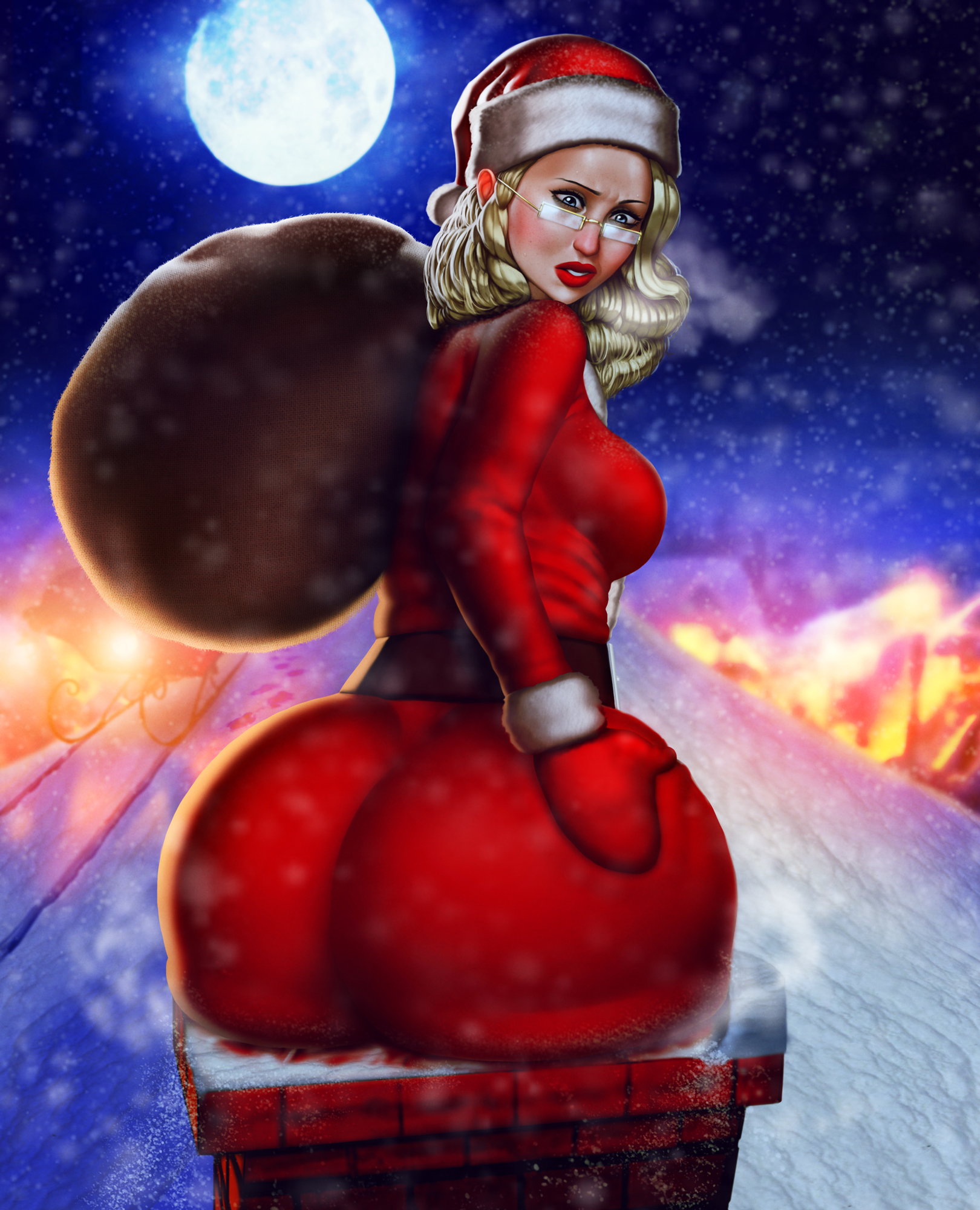 1girls, apron, ass, ass focus, big ass, big breasts, blonde hair, breasts, bubble butt, chimney, christmas, christmas hat, earrings, fat ass, female, female only, gigantic ass, gilf, glasses, huge ass, jojobanks, lipstick, looking back, mature, mature body, mature female, mature figure, milf, mommy, mrs. claus, older female, red lipstick, red shirt, round ass, snow, solo, solo female, stuck, tagme, text, thick, thick ass, thick thighs, thighs, voluptuous, voluptuous female, white panties, wide hips, wrinkles