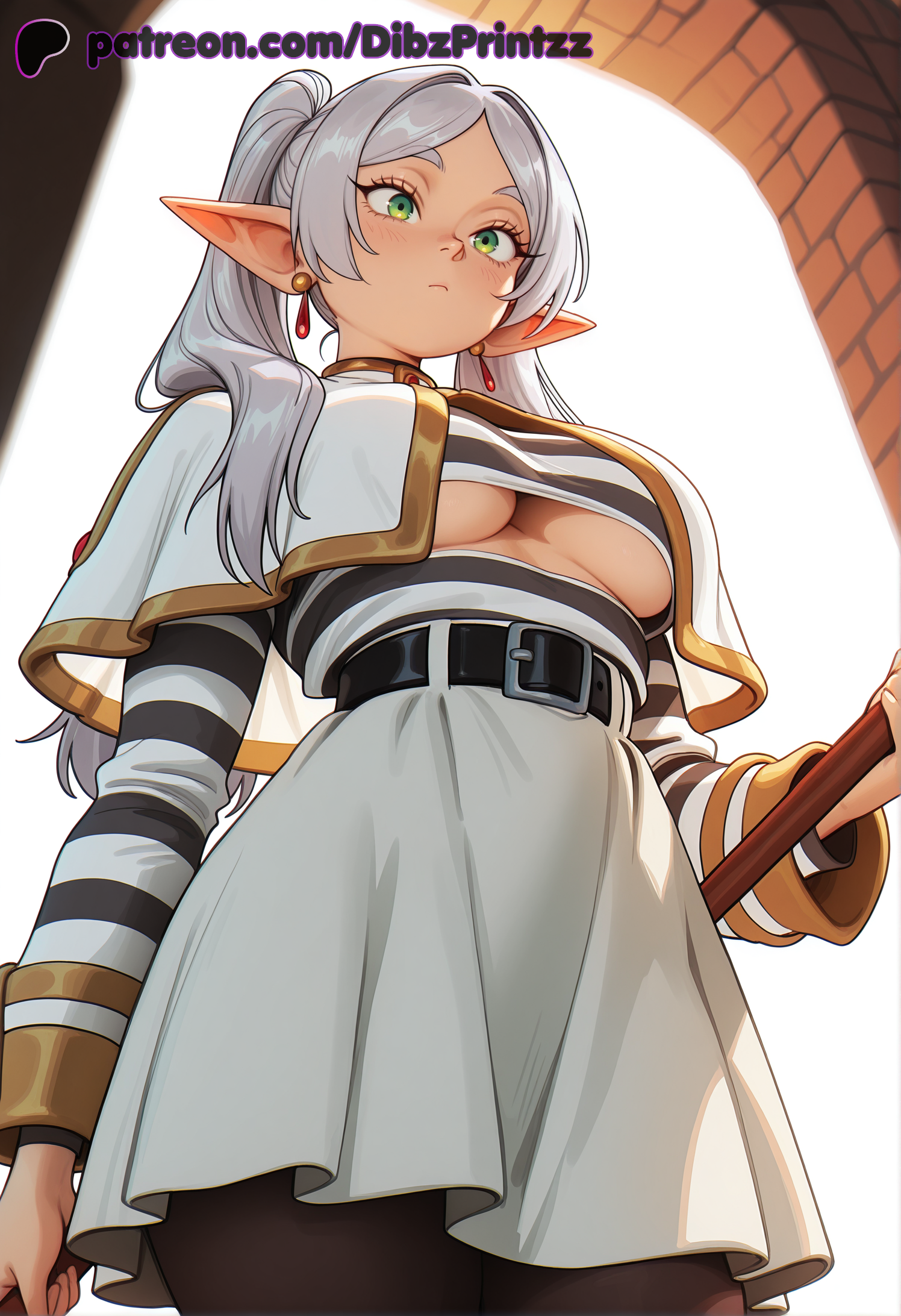 1girls, ai, ai assisted, ai generated, anime, artist name, belt, black belt, black pantyhose, blush, breasts, capelet, closed mouth, dibzprintz, earrings, elf, fansly, female, frieren, frieren beyond journey's end, from below, green eyes, grey hair, hi res, high quality, high resolution, high-waist skirt, highres, holding, holding staff, jewelry, large breasts, long hair, long sleeves, medium breasts, pantyhose, parted bangs, patreon username, pointy ears, shirt, skirt, solo, sousou no frieren, striped clothes, striped shirt, twintails, underboob, watermark, web address, white capelet, white hair, white skirt