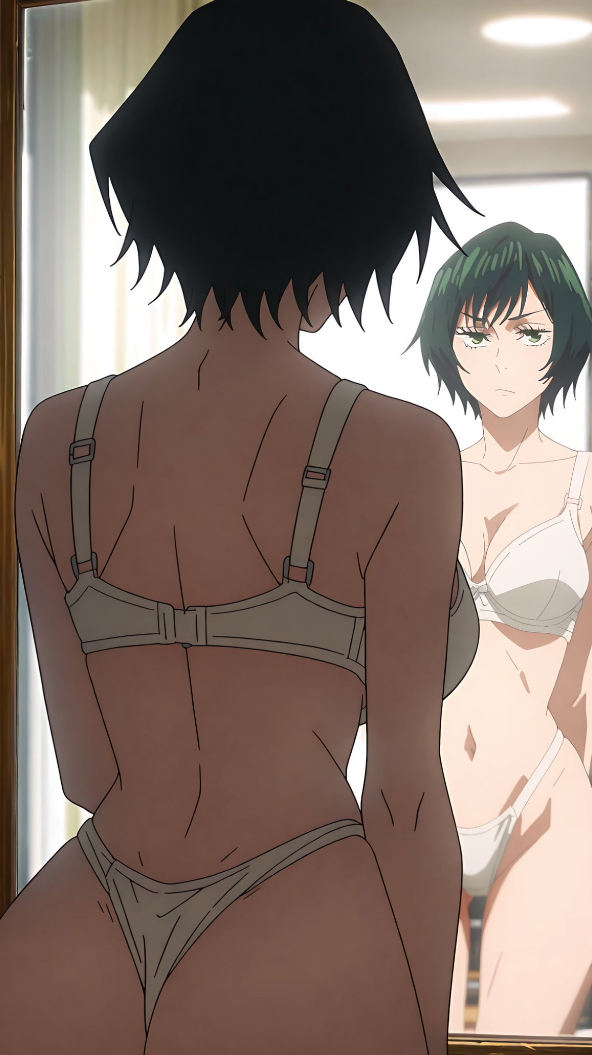 ai generated, aiwaifusart, ass, big ass, big breasts, bra, bra and panties, curvy female, curvy figure, green hair, jujutsu kaisen, looking in mirror, mirror, mirror reflection, panties, short hair, thick thighs, wide hips, zenin mai