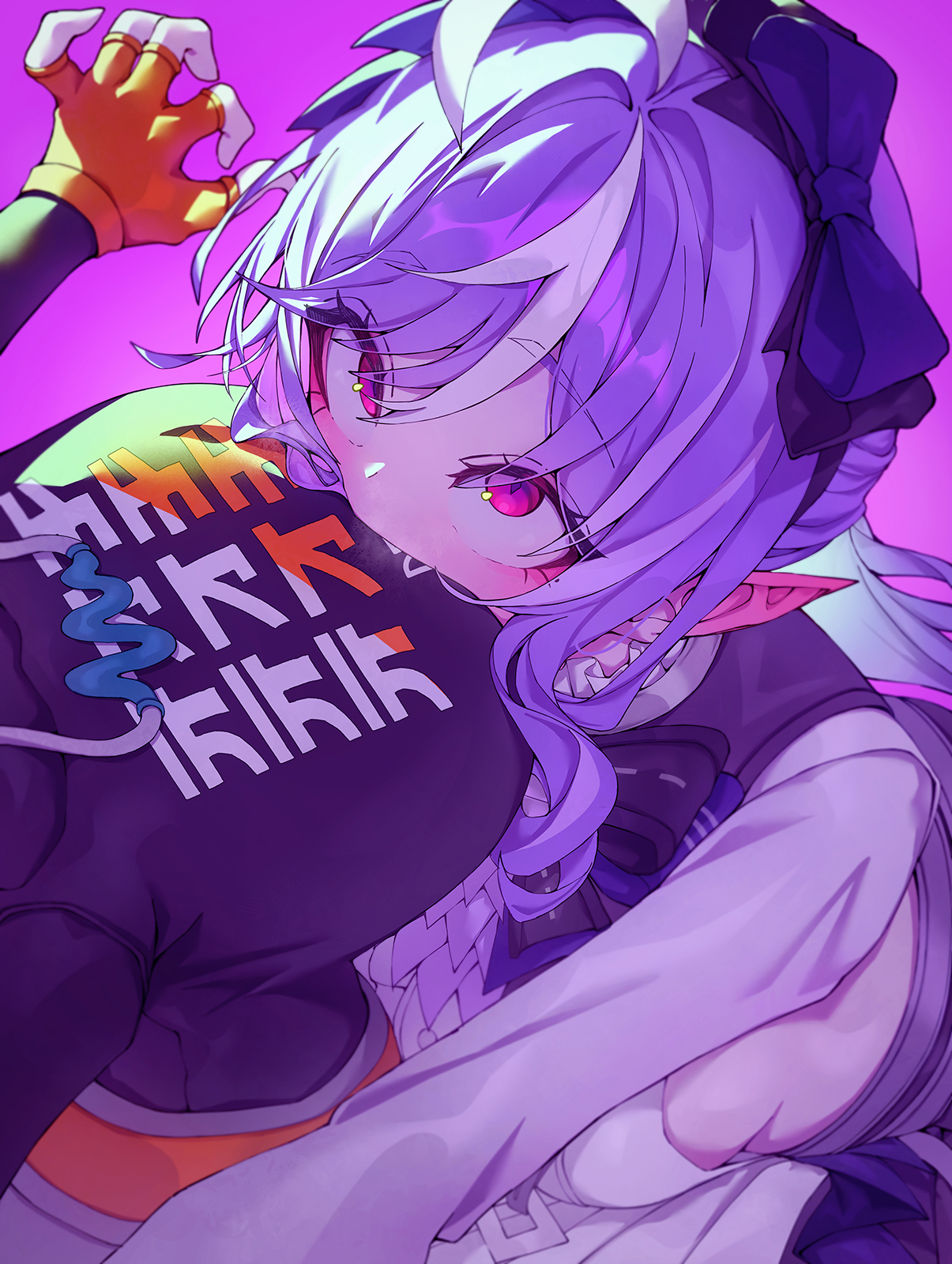 2girls, ahoge, alternate breast size (larger), belle (zenless zone zero), black shirt, blue bow, bow, breasts, dress, face to breasts, fingerless gloves, frills, gloves, hair bow, head out of frame, highres, hug, huge breasts, indol, long hair, long sleeves, looking up, multicolored hair, multiple girls, orange gloves, pink background, pointy ears, purple hair, red eyes, shirt, sideboob, sideless dress, simple background, streaked hair, two-tone hair, vivian banshee, white dress, white streaks, yuri, zenless zone zero