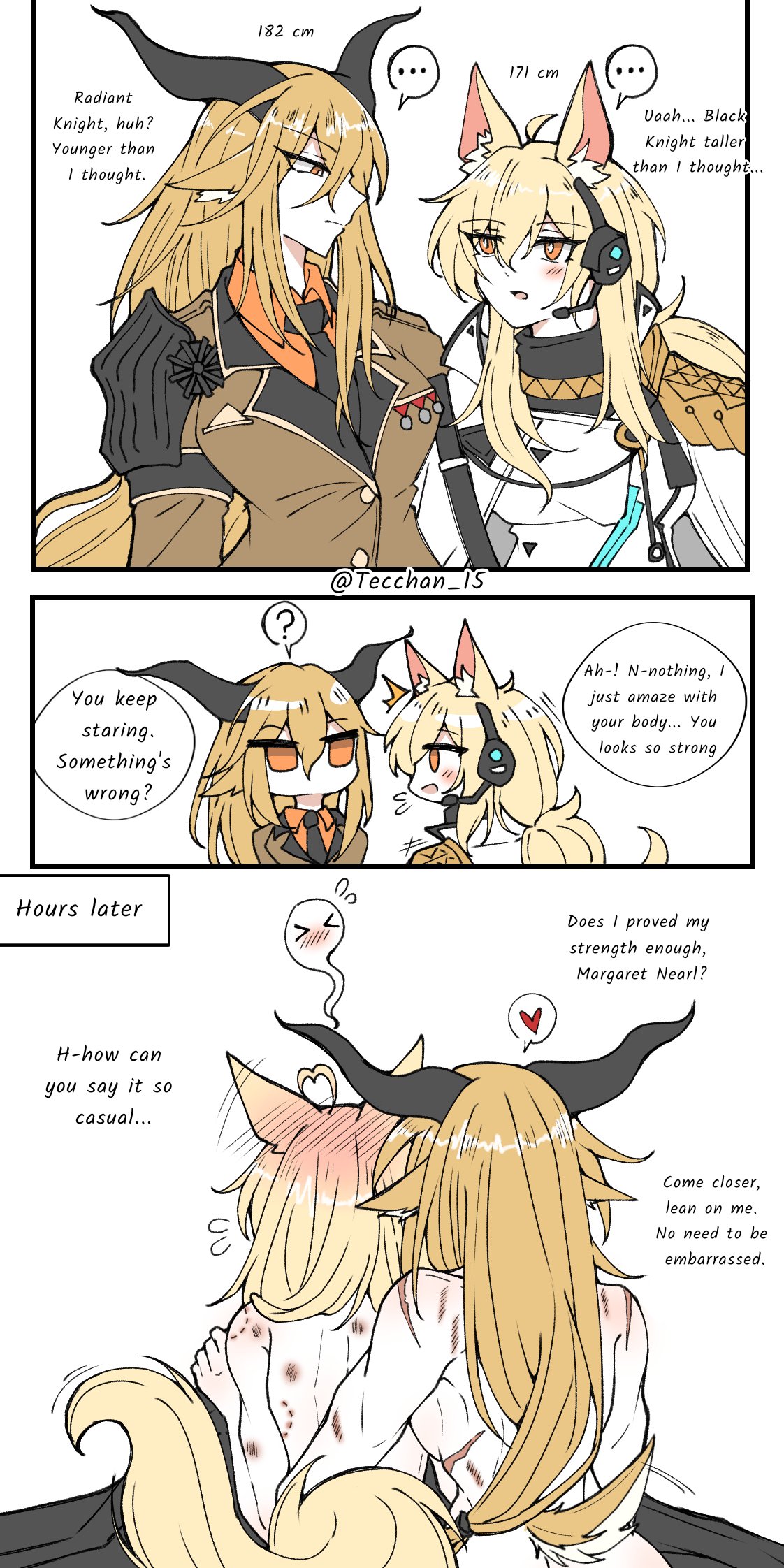 after sex, animal ears, arknights, bed, bedroom sex, bite, bite mark, bite marks, blonde female, blonde hair, blonde hair female, blonde-haired female, blush, clothed, clothes, clothing, comic, degenbrecher (arknights), dominant female, female, female focus, female only, height difference, horns, larger female, naked, naked female, nearl (arknights), nude, nude female, older female, scar, scars, scars all over, shorter female, size difference, submissive female, tail, taller female, tecchan 15, younger female, yuri