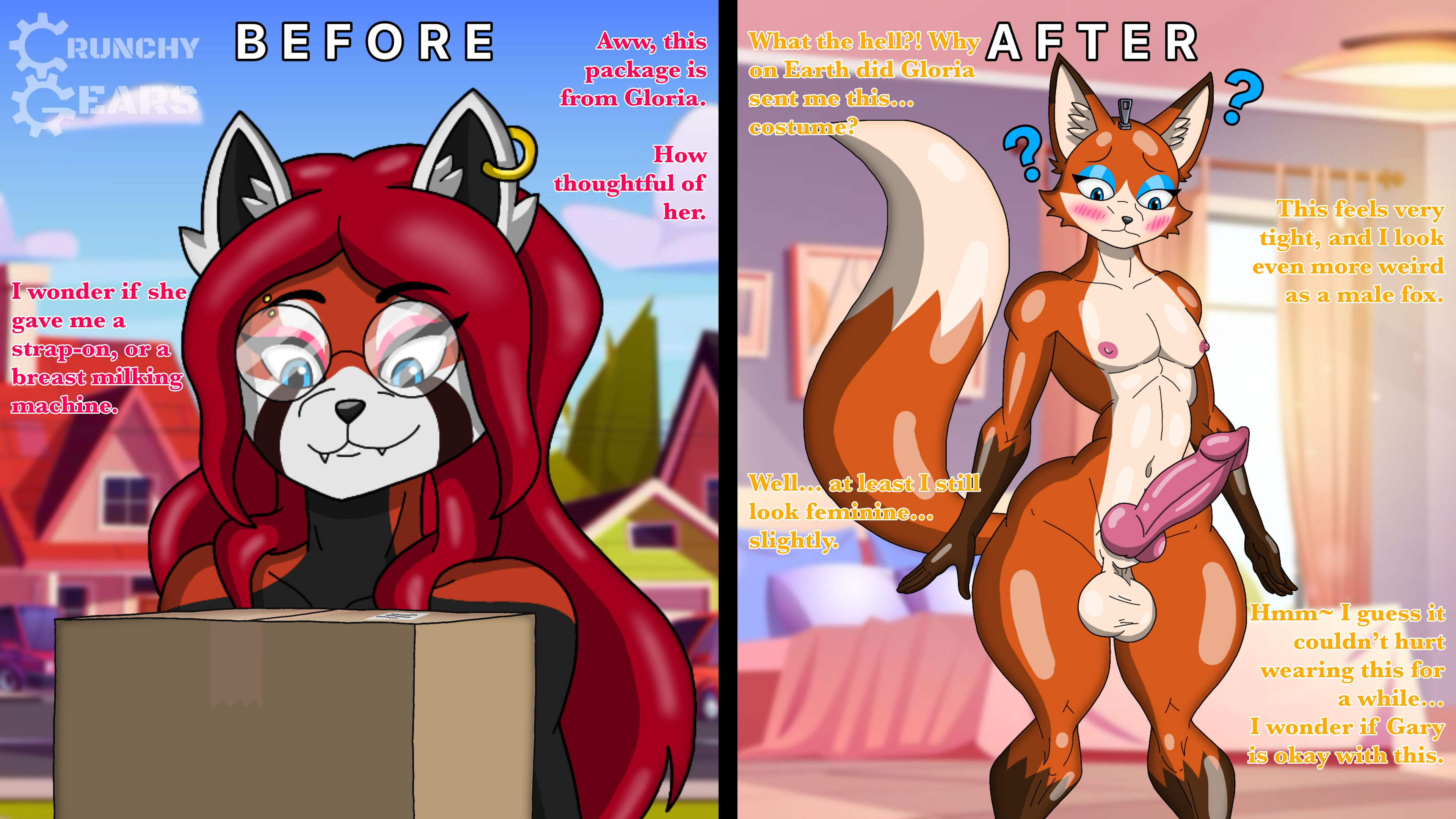 1boy, 1girls, 2026, 5 fingers, absurd res, ailurid, ailurid humanoid, animal genitalia, animal penis, anthro, anthro only, artist logo, artist name, balls, bedroom, before and after, belly button, big balls, big breasts, blue eyes, blurred background, blurry background, blush, bodysuit, bodysuit transformation, box, breasts, canid, canine, canine cock, canine genitalia, canine penis, canis, confused, confused expression, costume, crimson (crunchy gears), crunchy gears, curvaceous, curvaceous figure, curvaceous male, curvy, curvy femboy, curvy figure, curvy male, detailed background, dialogue, digital art, digital drawing (artwork), digital media, digital media (artwork), dipstick ears, dipstick tail, dog cock, dog penis, ear piercing, earrings, english, english dialogue, english text, erect penis, erection, eyelashes, eyeshadow, female, female to femboy, female to male, femboy, fox, ftm transformation, furry, gender transformation, genderswap (ftm), girly, glasses, glistening, glistening body, glistening genitalia, glistening latex, glistening penis, glistening skin, glistening thighs, gloves (marking), hair, hi res, hung femboy, hung trap, implied transformation, knot, knotted penis, latex, latex bodysuit, latex skinsuit, latex suit, long hair, male, mammal, mascara, navel, neighborhood, nipples, orange body, orange fur, original, original character, original characters, package box, penis, question mark, red hair, red panda, rubber, rubber bodysuit, rubber suit, rule 63, skin tight, skin tight suit, skinsuit, solo, species transformation, suit, suit transformation, suiting, suiting up, testicles, thick thighs, transformation, uploaded by artist, voluptuous, voluptuous femboy, voluptuous male, wide hips, zipper