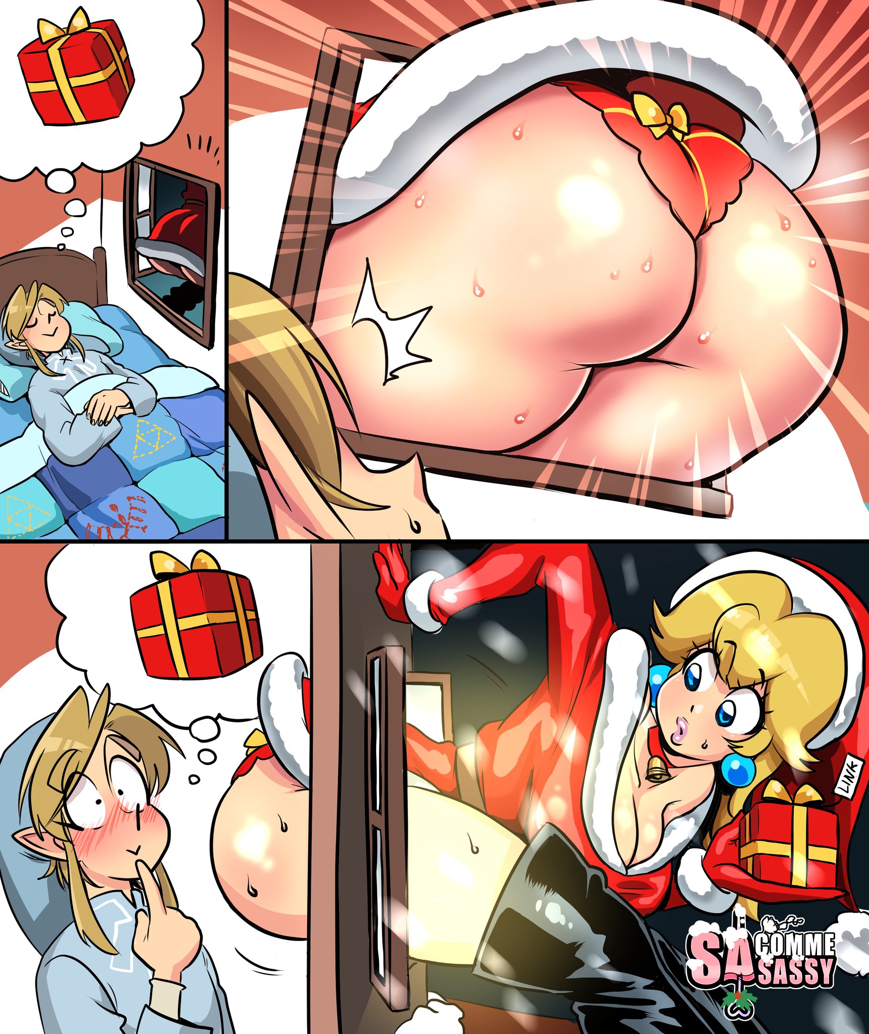 1boy, 1girls, accidentally stuck, ass, bow panties, breath of the wild, christmas, cleavage, curvy, female, femsub, huge ass, link, link (breath of the wild), male, male with female, mario (series), nintendo, pajamas, panties, present, princess peach, red panties, sasatseng, skirt, skirt lift, straight, stuck, stuck in window, the legend of zelda, thick thighs, thigh boots, thighs, upskirt