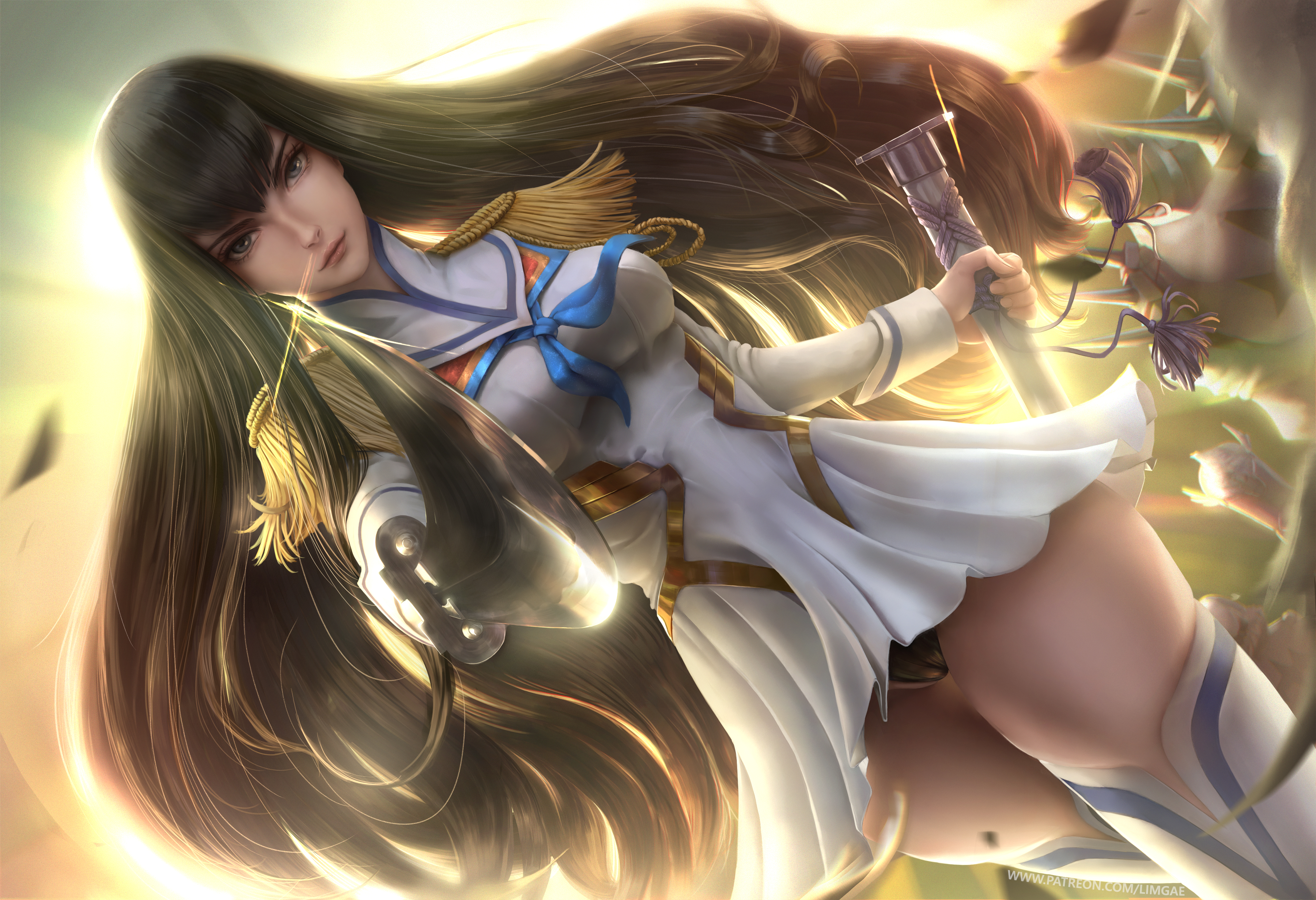 1girls, bakuzan, black hair, blue eyes, boots, clothed, dress, female, female only, high resolution, highres, human, junketsu, kill la kill, kiryuuin satsuki, limgae, long hair, looking at viewer, panties, patreon, school uniform, serious, solo, sword, thigh boots, url, watermark, weapon