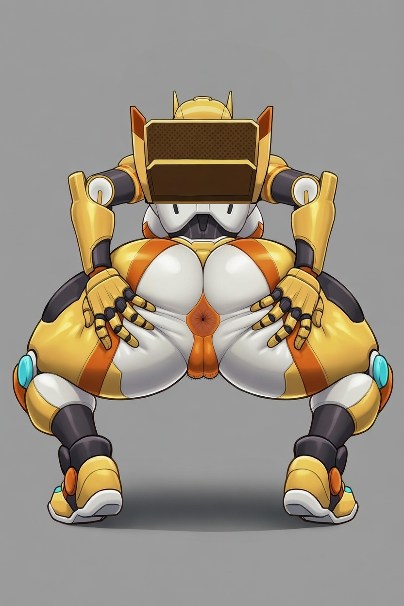anal, anal addiction, anal invitation, anal suggest, anus, ass focus, ass grab, big ass, huge thighs, looking at viewer, mecha girl, metal cardbot, robot girl, squatting, tachi (metal cardbot), tachy (metal cardbot), vulva, yellow body