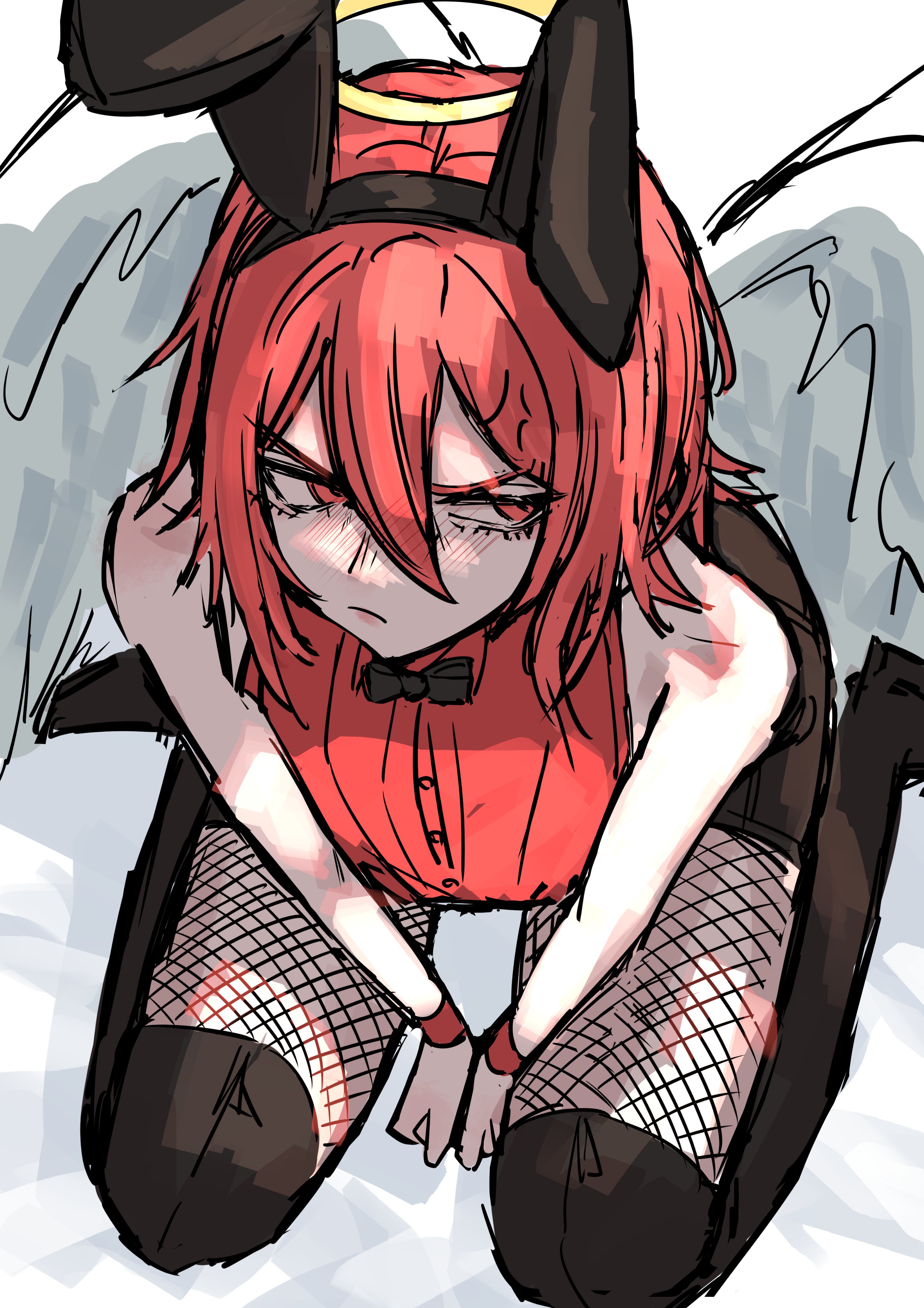 1boy, 1femboy, angel devil (chainsaw man), angel wings, angry, angry expression, angry face, annoyed, annoyed expression, blush, bunny ears, bunnysuit, chainsaw man, femboy, fishnets, halo, love femboys, love peak, sitting, thighhigh boots, thighhighs, thighhighs over fishnets, wings