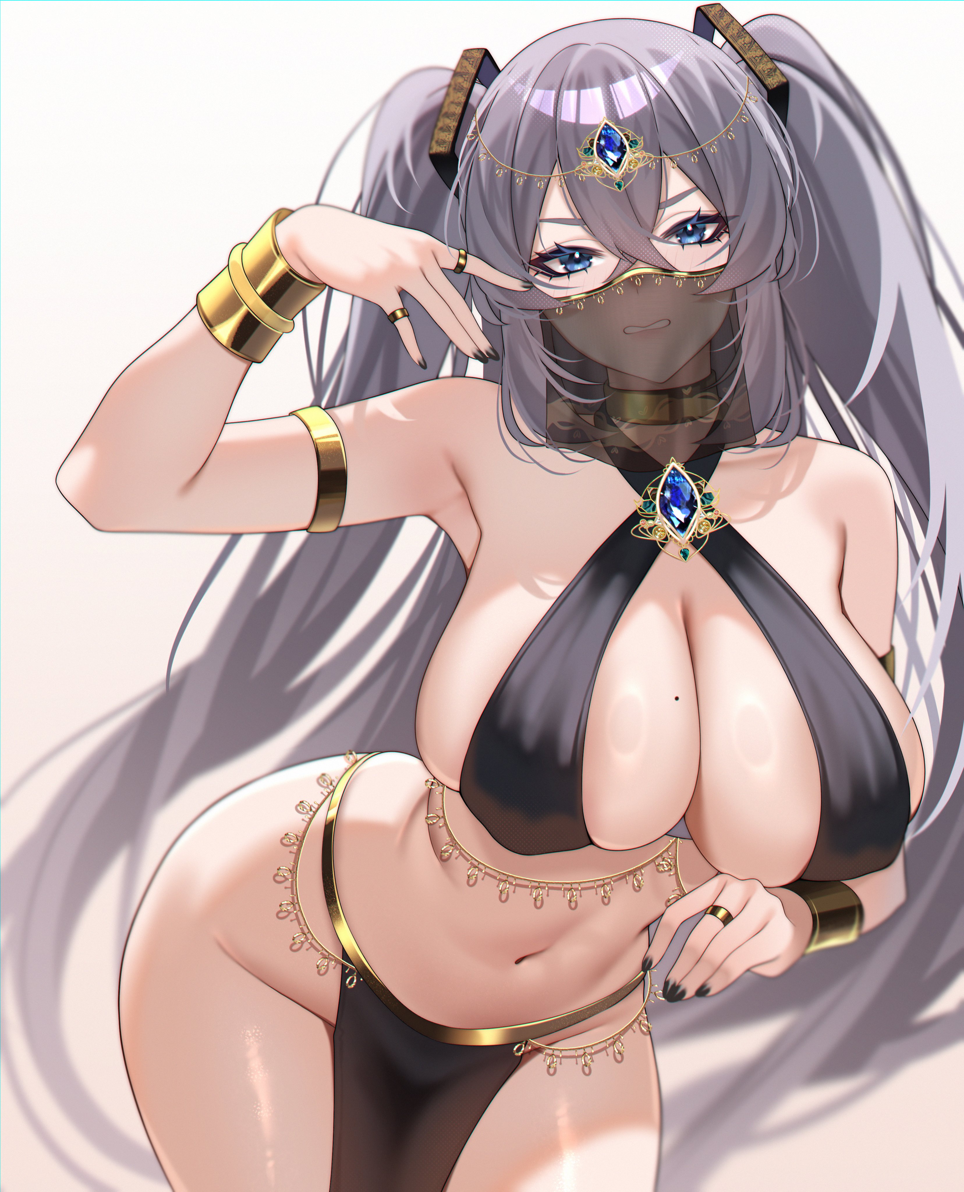 1girl, absurdres, alternate costume, armlet, azur lane, bikini, bikini top only, black bikini, black nails, black veil, blue eyes, bracelet, breasts, clenched teeth, commentary, criss-cross halter, crossed bangs, gold armlet, gold bracelet, gold collar, gold ring, hair between eyes, halterneck, highres, huge breasts, intrepid (azur lane), jewelry, long hair, looking at viewer, mole, mole on breast, mouth veil, multiple rings, navel, pelvic curtain, pretzel bikini, raituna, ring, see-through clothes, see-through veil, simple background, solo, stomach, swimsuit, teeth, twintails, veil, very long hair, white background