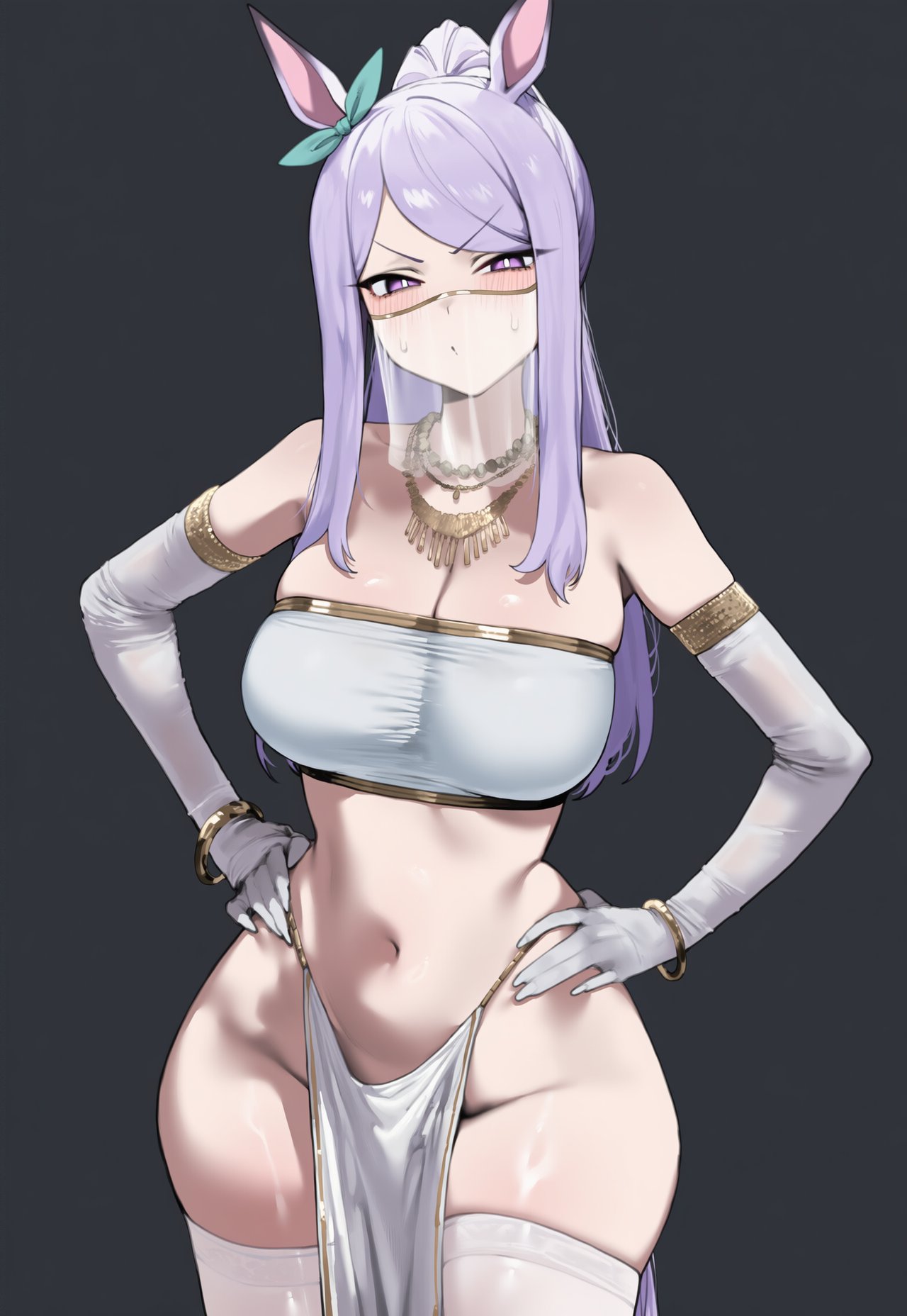 1girls, ai generated, blush, female, hands on hips, harem girl, harem outfit, hips, horse, horse ears, horse girl, light skin, light-skinned female, loincloth, long hair, looking at viewer, mejiro mcqueen (umamusume), navel, pelvic curtain, sweat, sweatdrop, sweating, thick thighs, thighs, truck kun, truck-kun art, umamusume, umamusume pretty derby, upset, wide hips