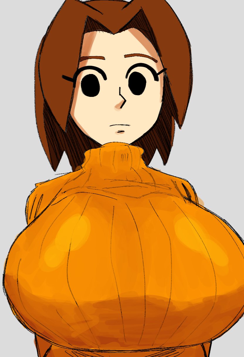 alternate breast size, arms behind back, black eyes, breasts, brown hair, closed mouth, curtained hair, dumbwitchyy, empty eyes, expressionless, female, grey background, hair intakes, huge breasts, large breasts, long sleeves, looking at viewer, medium hair, mii, mii gunner, mii gunner (smash 4), mob face, nintendo, no pupils, orange shirt, orange sweater, parted bangs, ribbed sweater, short hair, simple background, solo, super smash bros., sweater, turtleneck, turtleneck sweater, upper body