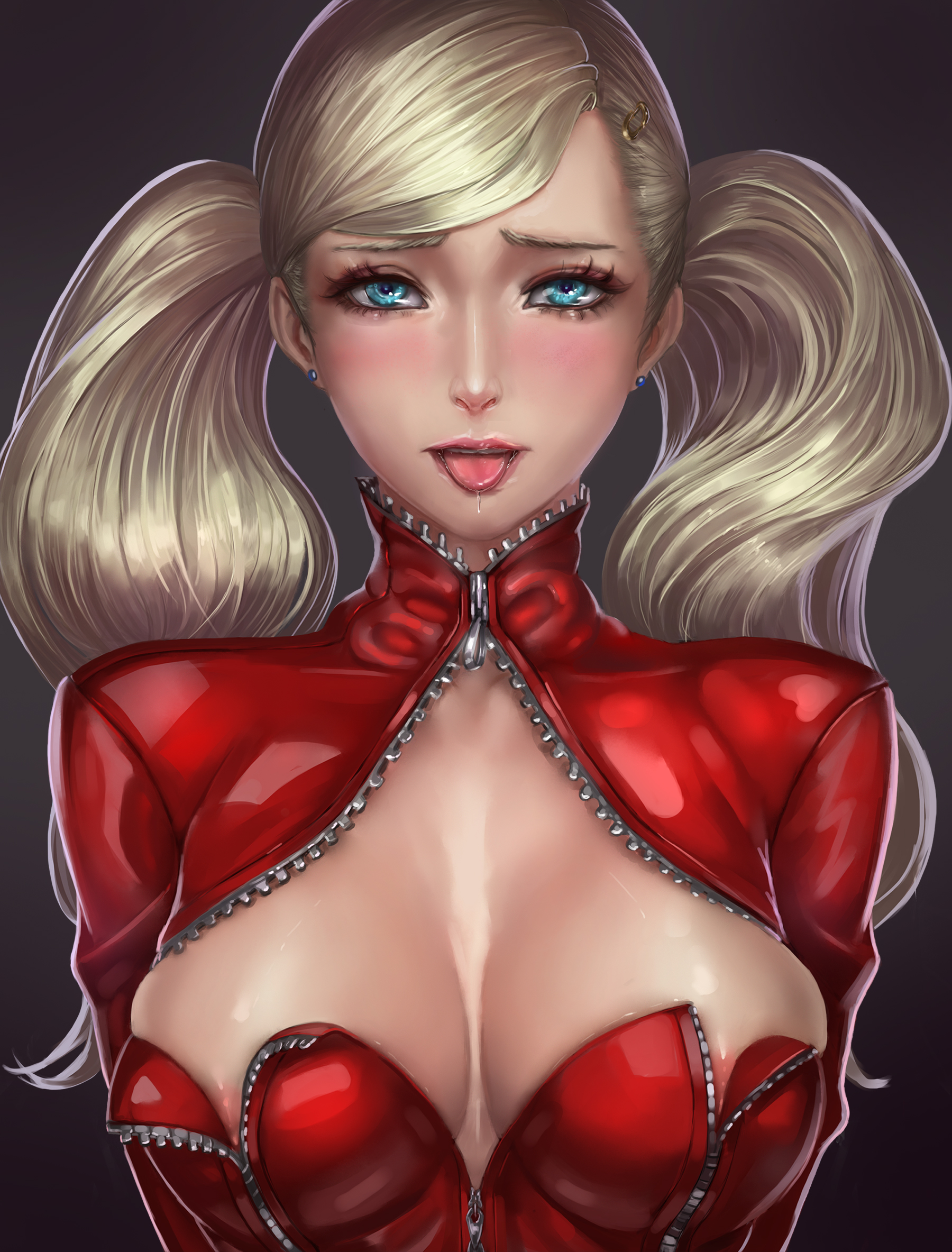 1girls, ann takamaki, ann takamaki (panther), areola slip, areolae, big breasts, blonde hair, blue eyes, breasts, close-up, drooling, earrings, eyelashes, female, female only, grey background, hair ornament, half-closed eyes, high resolution, highres, latex, limgae, lipstick, long hair, looking at viewer, open mouth, persona, persona 5, phantom thief suit, pink lipstick, saliva, smile, solo, tongue, tongue out, twintails, wet, zipper, zipper pull tab