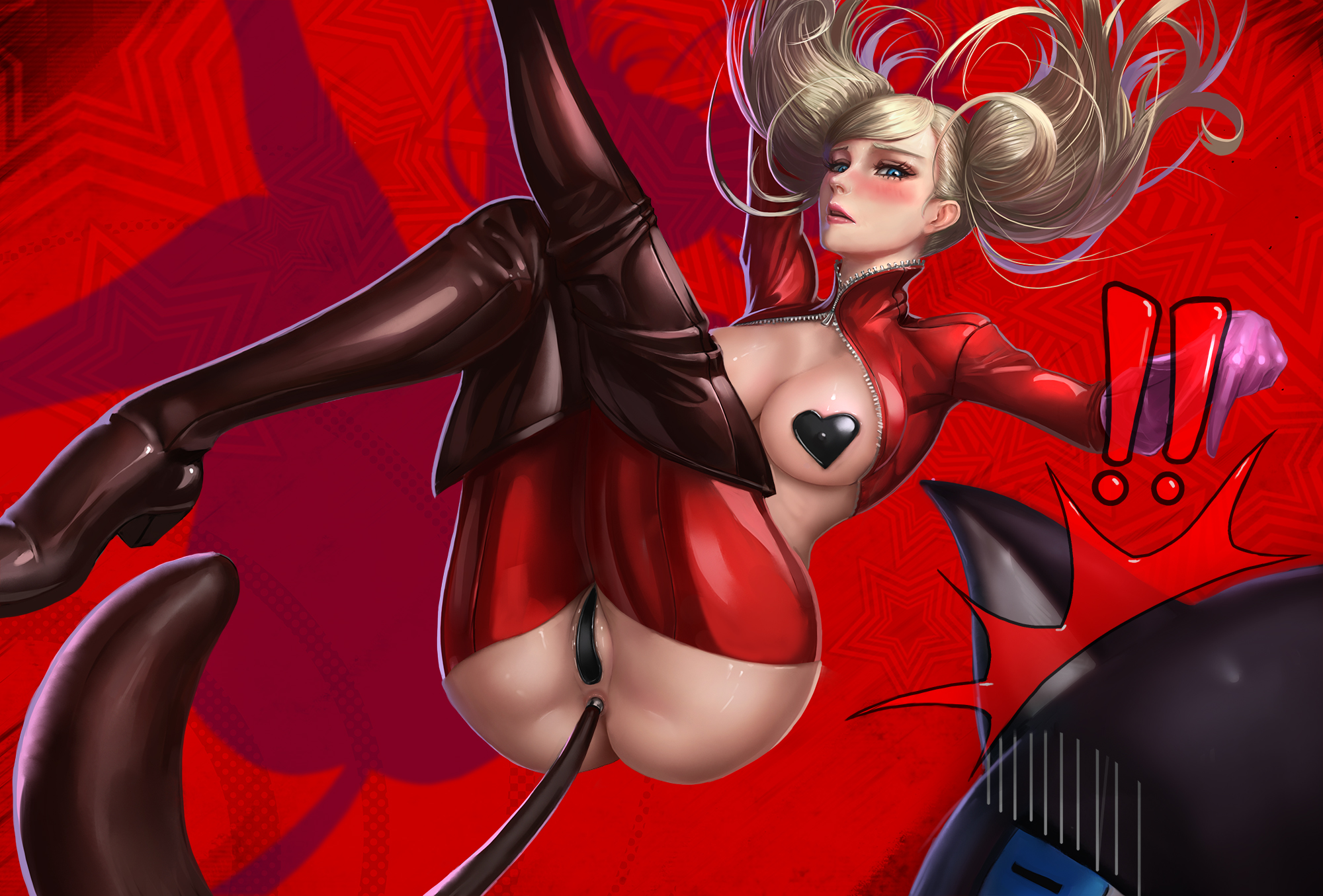 !!, 1girls, anal, anal object insertion, anal plug, ann takamaki, atlus, blonde hair, blue eyes, bodysuit, boots, breasts, buttplug, buttplug tail, female, gloves, heart pasties, heels, high resolution, highres, human, light skin, limgae, long hair, megami tensei, object insertion, pale skin, pasties, persona, persona 5, phantom thief suit, pink gloves, sega, sex toy, shiny, shiny clothes, shiny skin, tail, thigh boots, thighhighs, tied hair, topless, twintails, uncensored