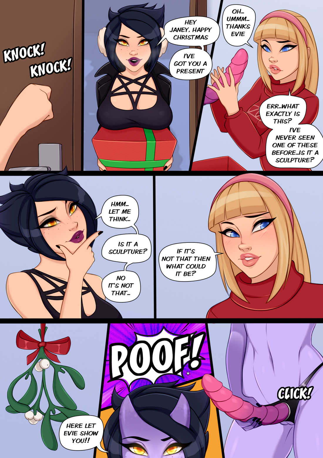 2girls, comic, dimedrolly, evie (dimedrolly), female, female only, freckles, imminent yuri, multiple females, multiple girls, original, pussy, speech bubble, strap-on, strapon, text