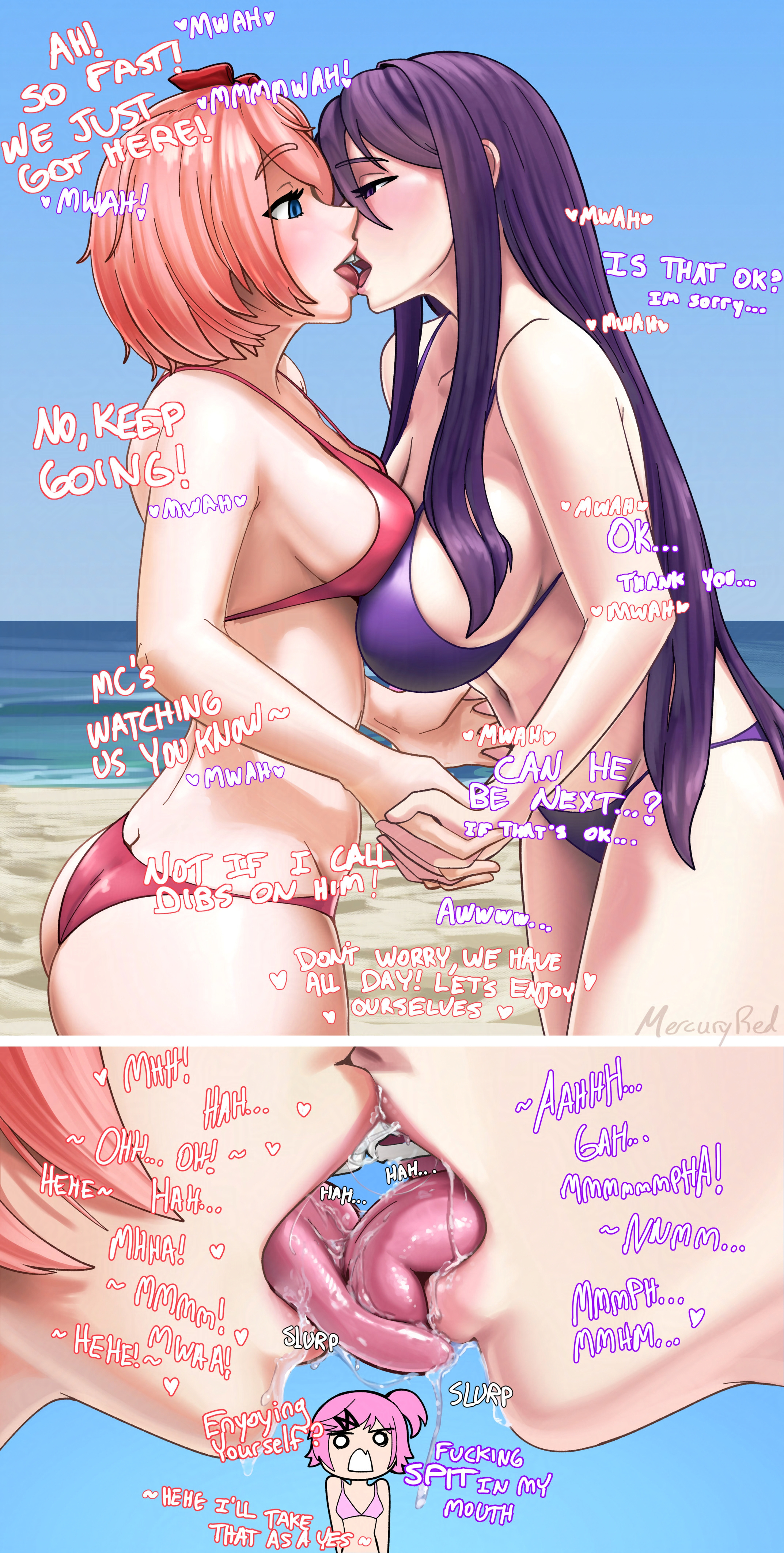 2girls, ass, ass cleavage, asymmetrical docking, background character, beach, being watched, bikini, bisexual, bisexual female, breast press, breasts, close-up, clothing, comic, ddlc, deep kissing, dialogue, doki doki literature club, english, english text, female, female only, french kiss, hair between eyes, holding hands, horny, interlocked fingers, kissing, large breasts, lesbian kiss, licking, licking tongue, light-skinned female, long hair, making out, medium breasts, mercuryred, mouth fetish, mouth focus, natsuki (doki doki literature club), navel, orange hair, outdoors, outside, pink hair, polyamory, polycule, profanity, purple bikini, purple hair, red bikini, red bow, saliva, saliva drip, saliva on tongue, saliva string, saliva trail, sayori (doki doki literature club), self upload, shocked, shocked expression, spit, talking to another, text, tongue, tongue kiss, tongue out, yuri, yuri (doki doki literature club)