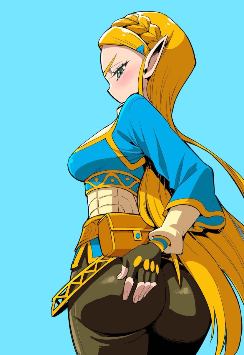 1girls, ass, big ass, blonde hair, blush, breath of the wild, female, long hair, princess zelda, solo, the legend of zelda, thighhighs, thighs, tight clothing, zelda (breath of the wild)