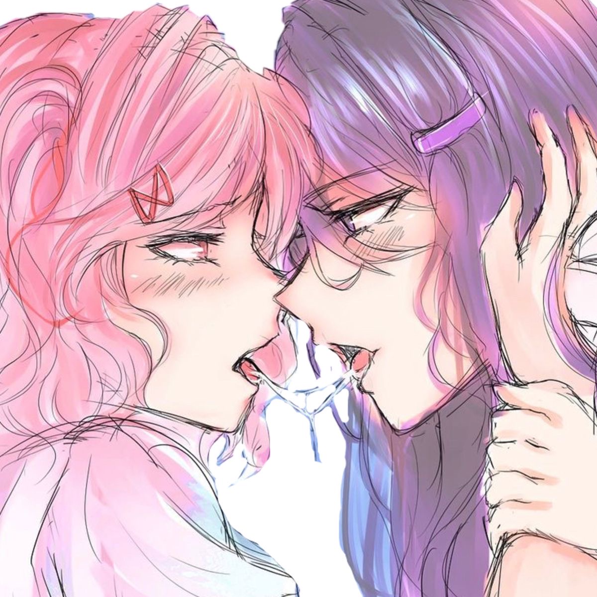 2girls, after kiss, artist request, blush, clothing, doki doki literature club, female, female only, grabbing, grabbing arm, grabbing hair, long hair, makeup, multiple girls, natsuki (doki doki literature club), open mouth, pink eyes, pink hair, pink hairclip, pink shirt, pointy nose, purple eyes, purple hair, purple hairclip, saliva, saliva drip, saliva on tongue, saliva string, saliva trail, short hair, side view, staring at another, tongue, tongue out, touching noses, uncensored, white skin, yuri, yuri (doki doki literature club)