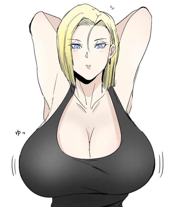 1girls, android 18, artist request, blonde hair, blue eyes, breasts, cleavage, curvy, dragon ball, erect nipples, female, gigantic breasts, huge areolae, nipples, puffy nipples, short hair, thick lips, voluptuous