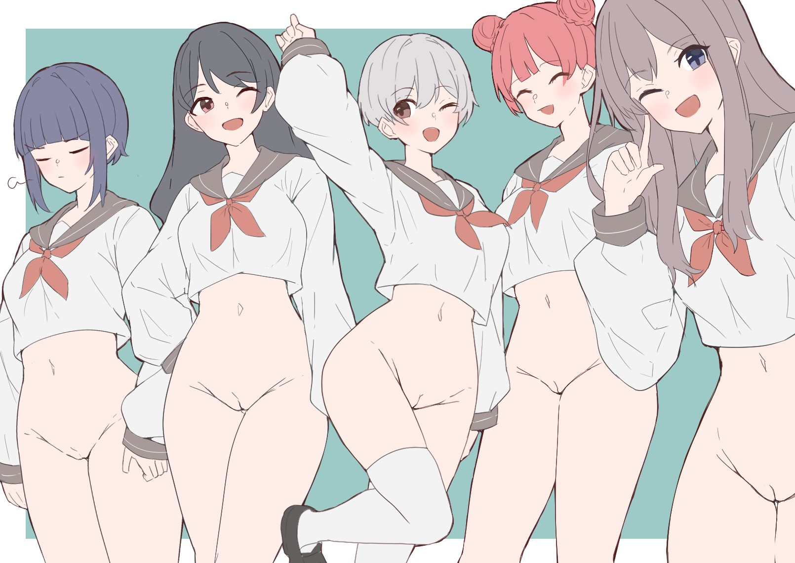 2025, 5girls, blue hair, bottomless, breasts, change in common sense, closed eyes, crop top, eyebrows visible through hair, female, female only, grey hair, human, light skin, light-skinned female, long hair, multiple girls, naked school attendance, navel, neckerchief, nonsexual nudity, one eye closed, open eyes, open mouth, pussy, red hair, red neckerchief, sailor collar, school uniform, serafuku, short hair, simple background, smile, soyo1558686, thighhighs, thighs, white legwear, white thighhighs, zenra
