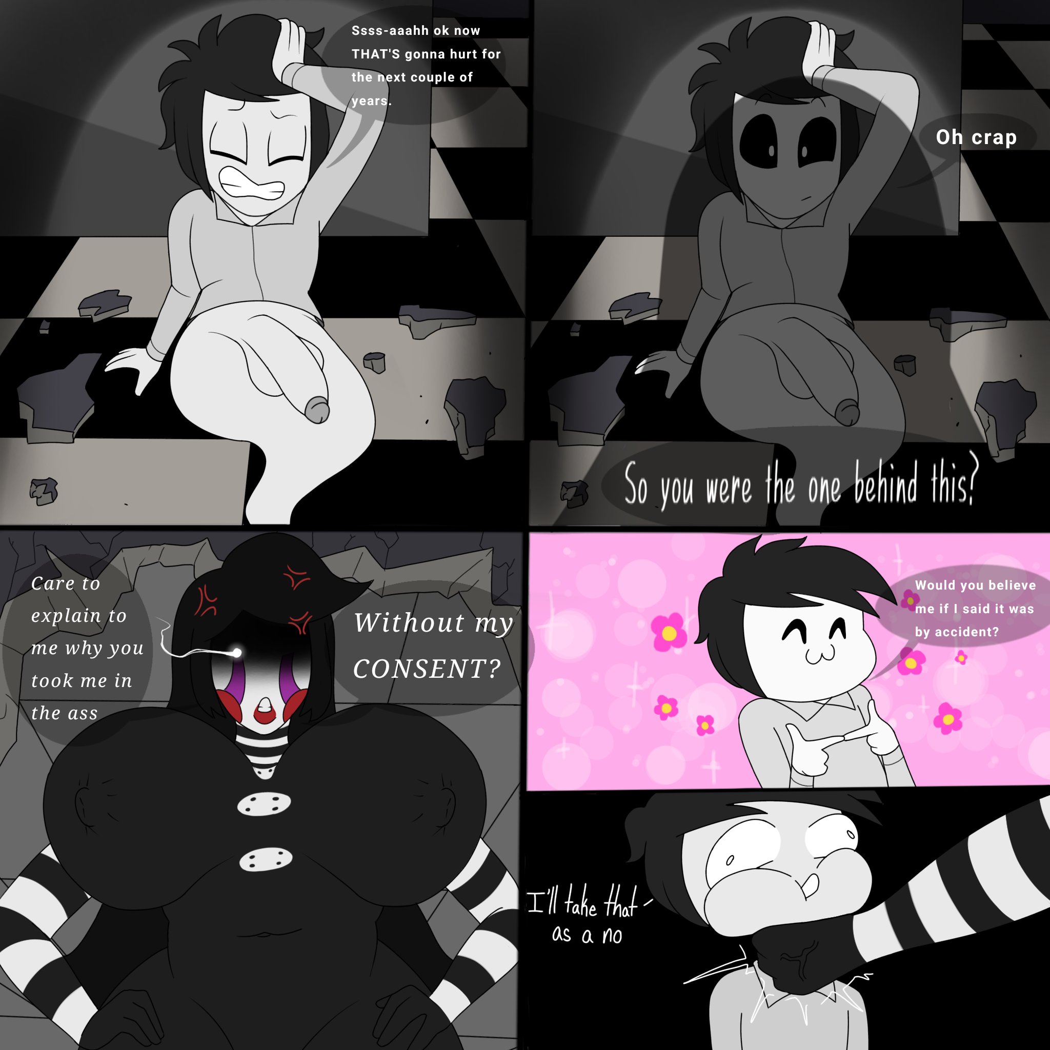 1boy, 1girls, big ass, big breasts, big butt, big thighs, black hair, black sclera, buttons, comic, comic page, commission, dialog, dialogue, english, english text, five nights at freddy's, ghost, grabbing throat, japansadface, long hair, marionette (fnaf), older female, page 4, puppet (fnaf), rosy cheeks, straight, tagme, taller female, white pupils, young, younger male