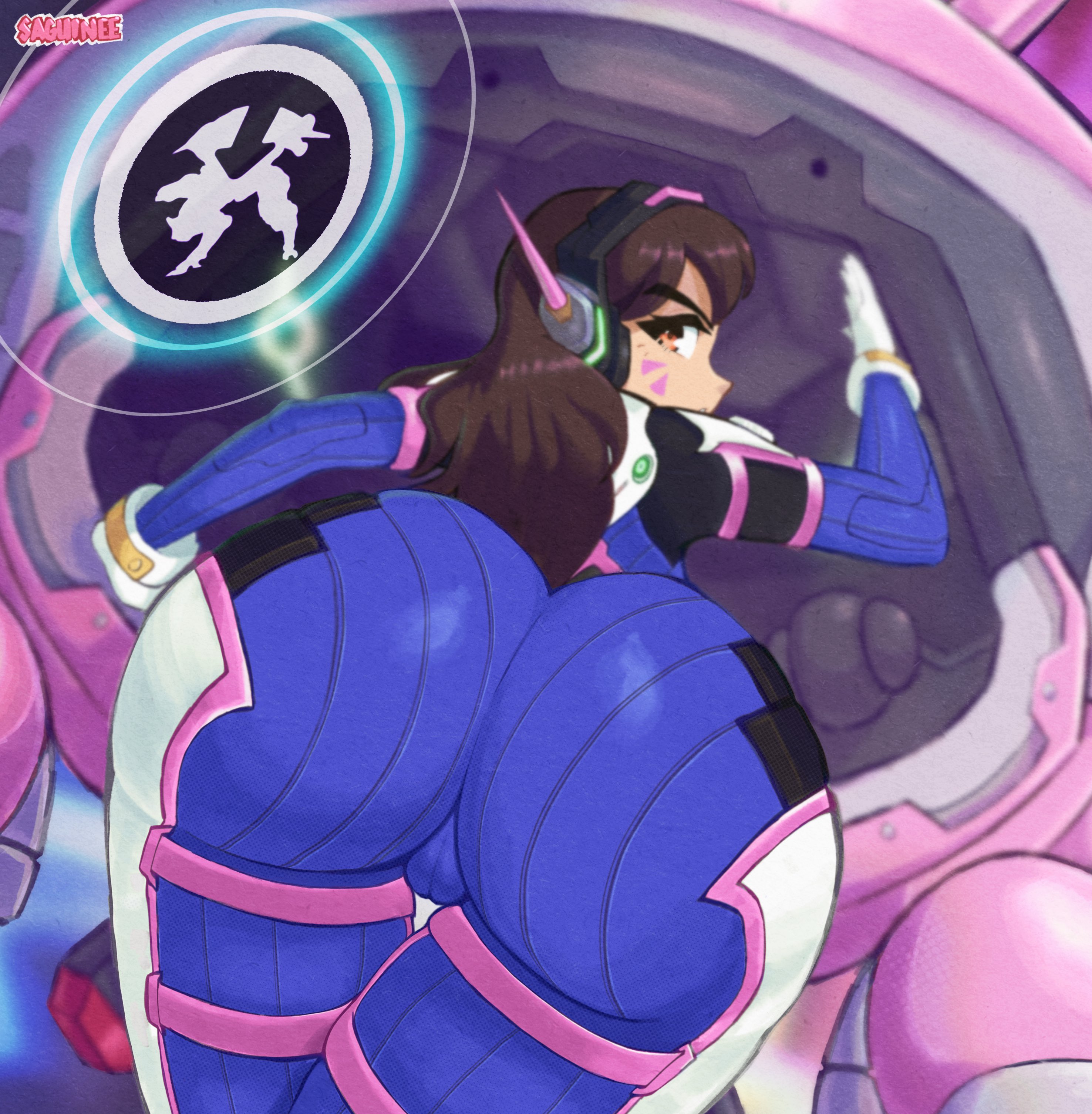 1girls, ass, ass focus, ass to viewer, big ass, bodysuit, bubble ass, bubble butt, d.va, female, female focus, huge ass, looking at viewer, looking back, overwatch, presenting, saguinee, solo, solo female, solo focus, tagme