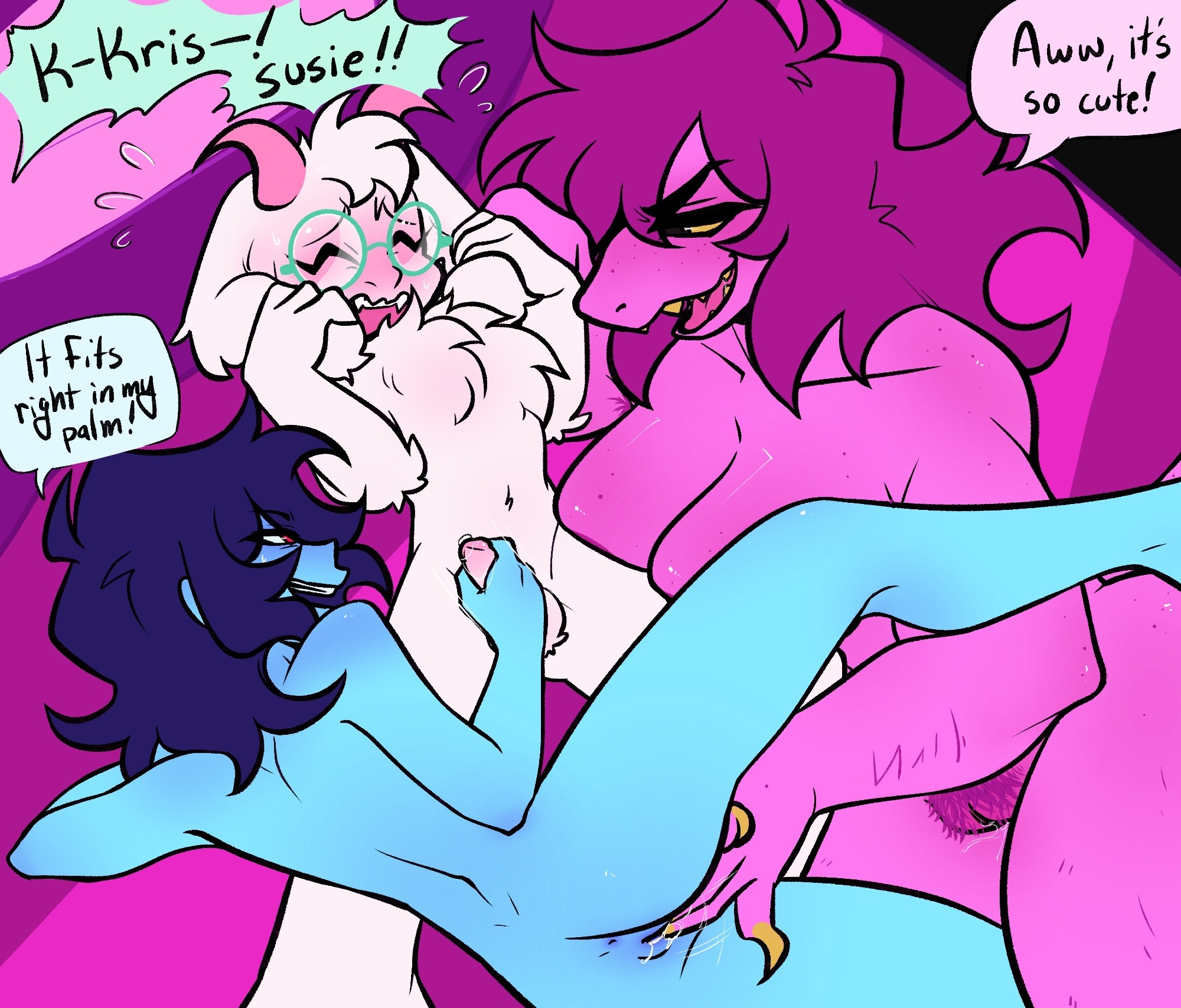 1girl, 1girls, 1nonbinary, afab, anthro, blue skin, deltarune, dirty talk, enby, female/ambiguous, female/male, fingering, goat, hairy pussy, handjob, kris (deltarune), kris female (deltarune), lizard, long hair, male/ambiguous, meekzhyu, nonbinary, nonbinary (lore), purple skin, ralsei, susie (deltarune), threesome