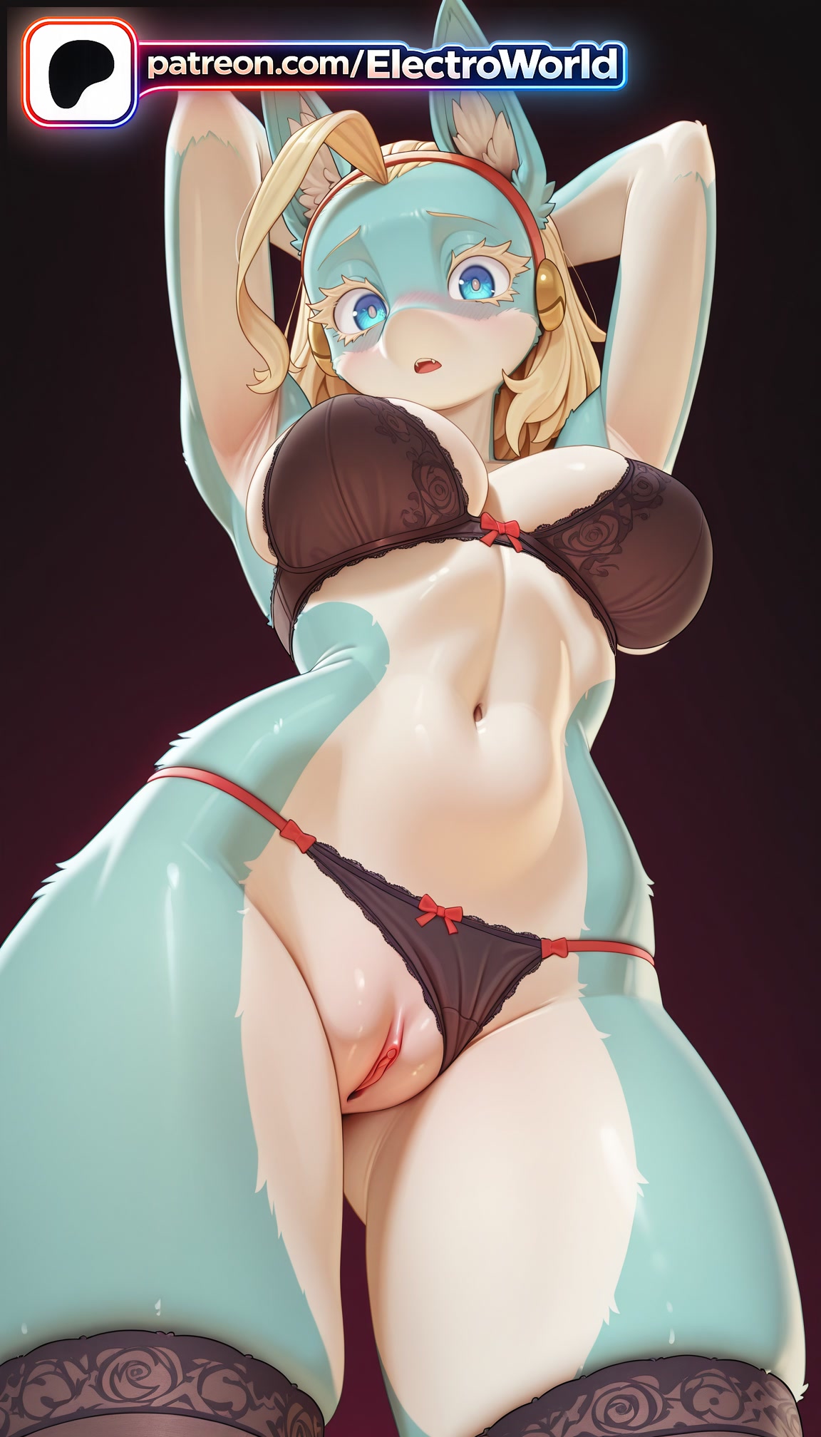 1girls, 2026, ai generated, artist name, black bra, black panties, blue eyes, boku no hero academia, bow, bra, breasts, bust, chest, clitoral hood, electroworld, exposed pussy, female, female only, furry, furry female, hi res, high quality, high resolution, highres, ippan josei, juicy pussy, lace, my hero academia, navel, panties, patreon, patreon username, pussy, solo, stable diffusion, stomach, thick thighs, thighs, tight pussy, uncensored, underwear, vagina, watermark